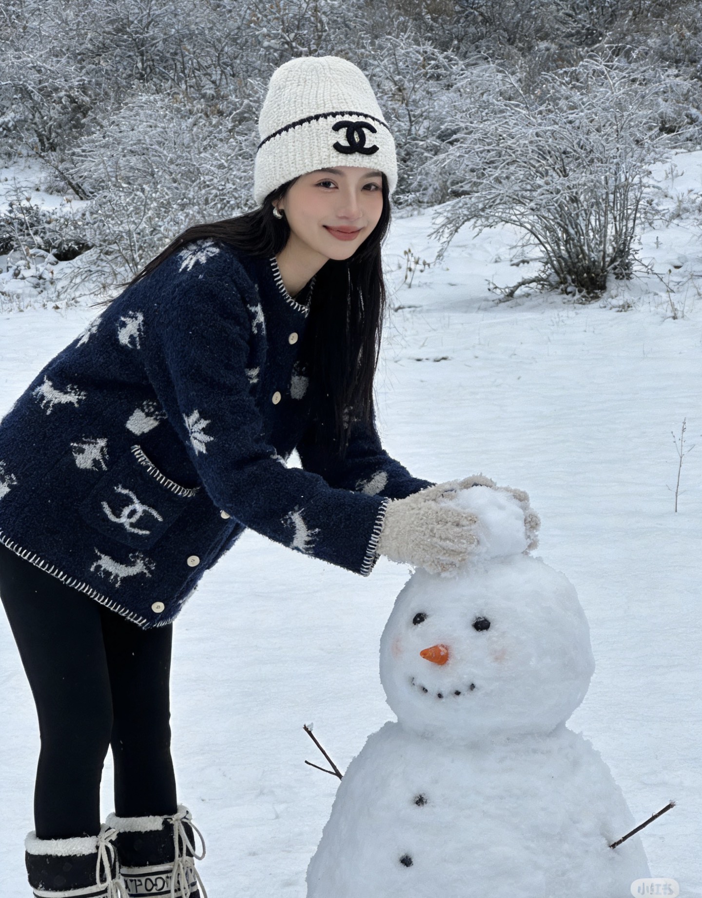 款号G CHANE*L新款 高端定制羊毛纱线混纺面料、雪花❄️小鹿🦌图案双C口袋系扣门襟圆领长袖针织开衫