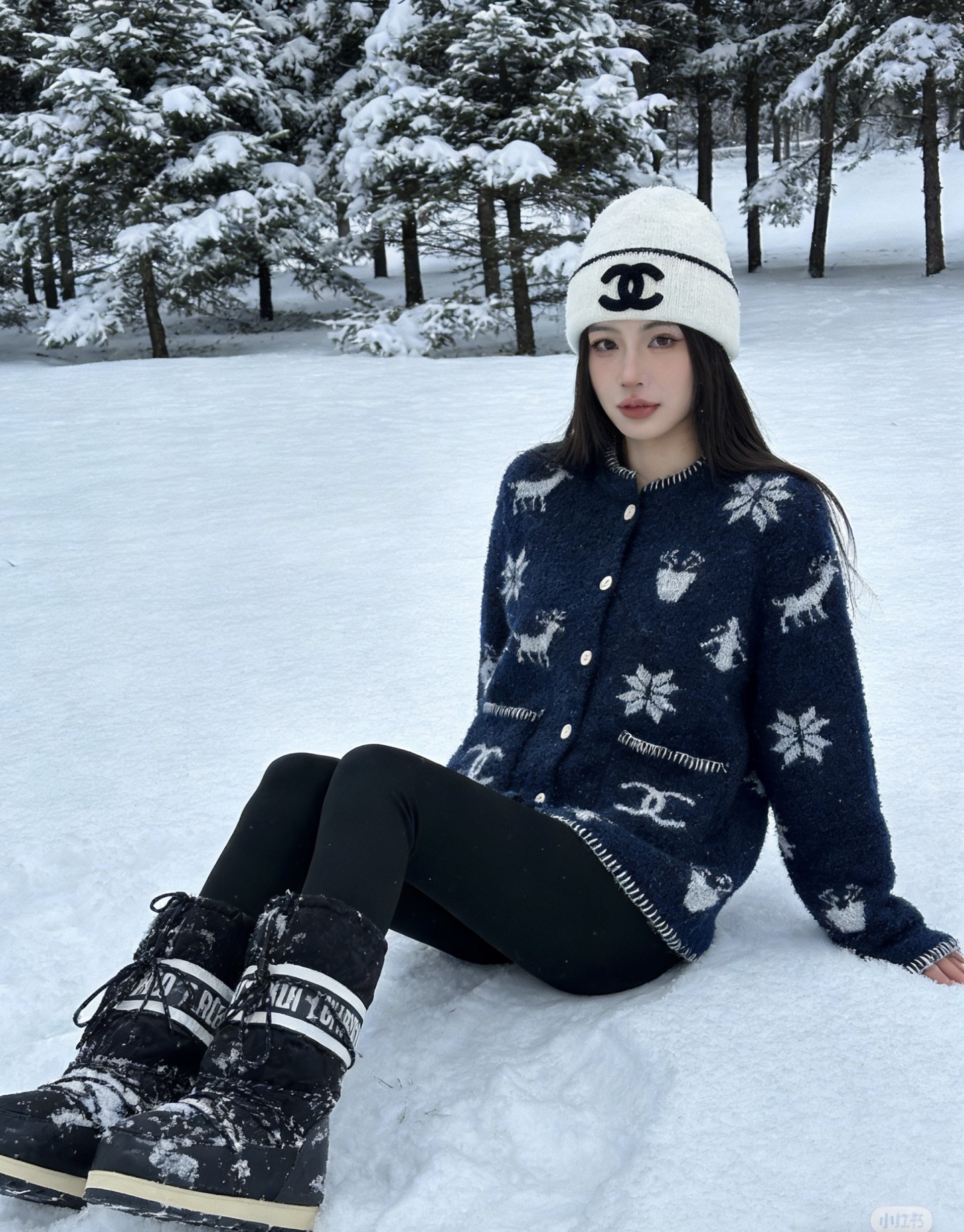 款号G CHANE*L新款 高端定制羊毛纱线混纺面料、雪花❄️小鹿🦌图案双C口袋系扣门襟圆领长袖针织开衫