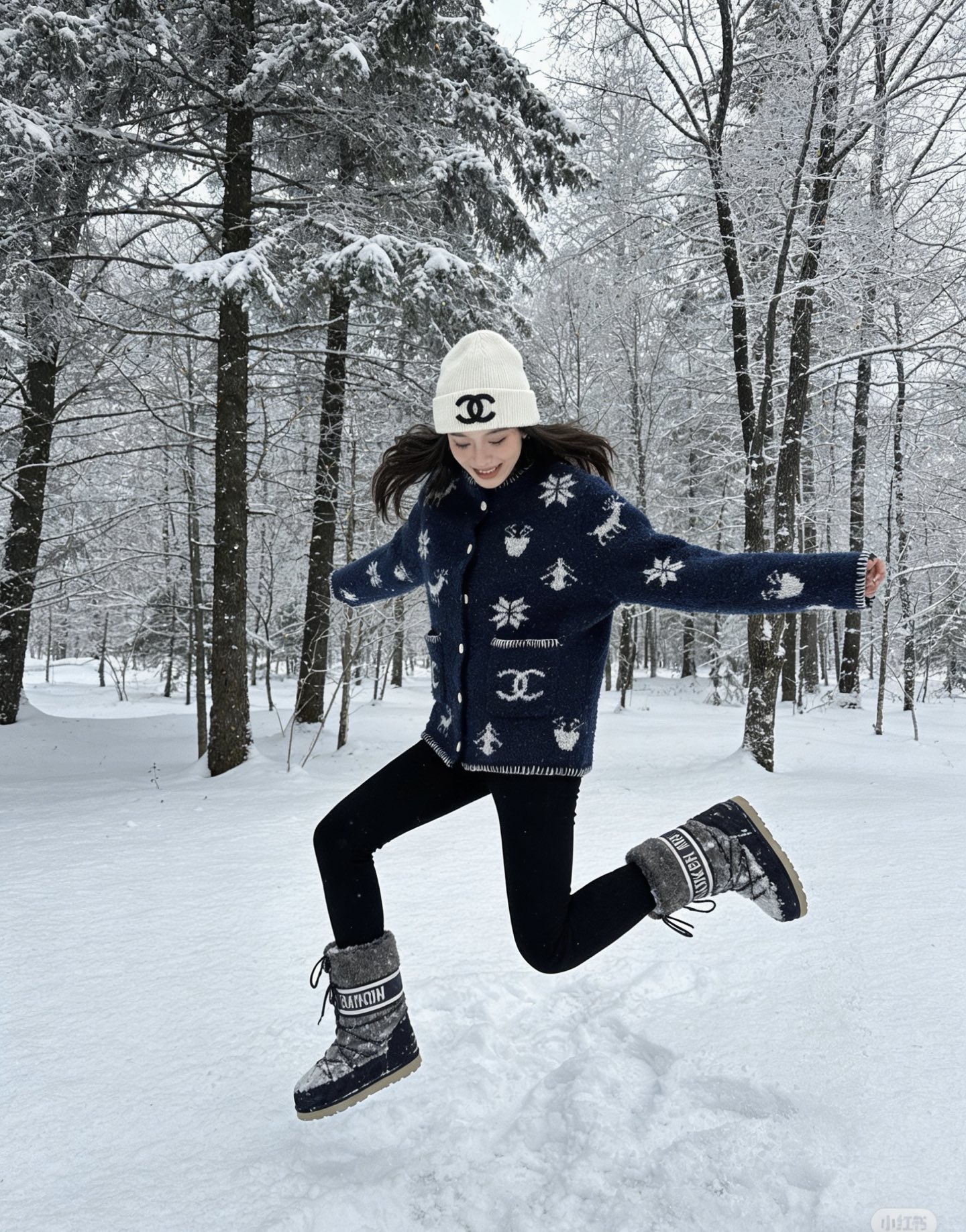 款号G CHANE*L新款 高端定制羊毛纱线混纺面料、雪花❄️小鹿🦌图案双C口袋系扣门襟圆领长袖针织开衫