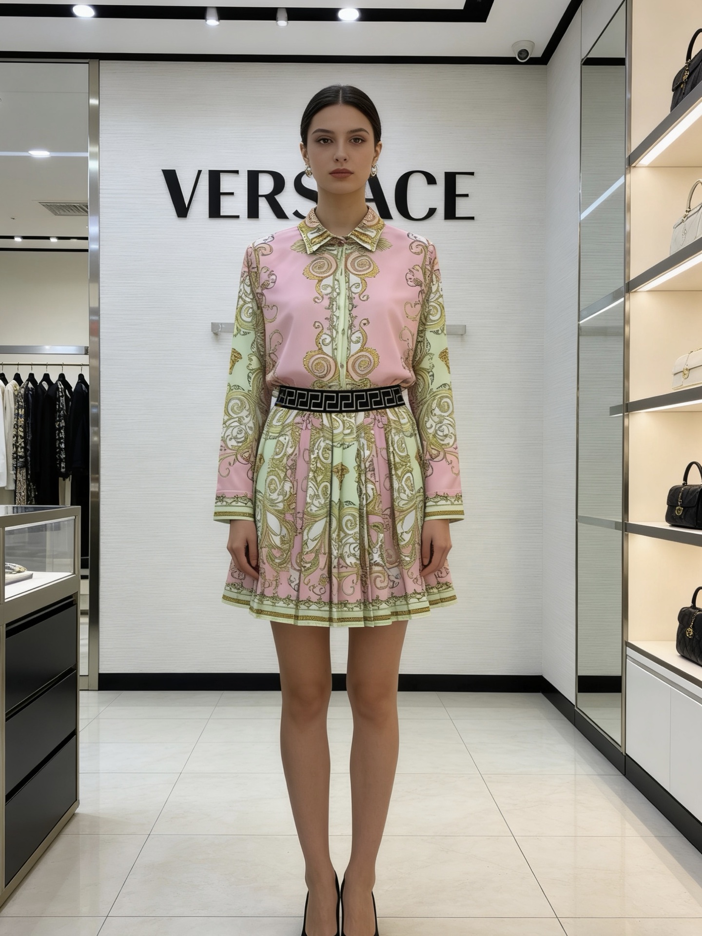 NO:714322,Style No. D26012175 VERSAC* new baroque retro print fashion two-piece suit!  Loose and versatile, buttoned lapel, long-sleeved shirt, webbing waist, pleated pleated skirt, skirt!  Pink, green, (L size shoulder width 38, bust 102, sleeve length 58, dress length 67; waist 68 stretchable, skirt length 47), Versace-clothing,versace,versace,skirts,19860909款号D26012175 VERSAC*新款巴洛克复古印花时尚两件套装！宽松百搭系扣翻领长袖衬衣织带腰压褶百褶短裙半身裙！粉色、绿色、 （L码肩宽38,胸围102,袖长58,衣长67；腰围68可弹力,裙长47）,范思哲-服装,versace,versace,skirts,,Women's clothing