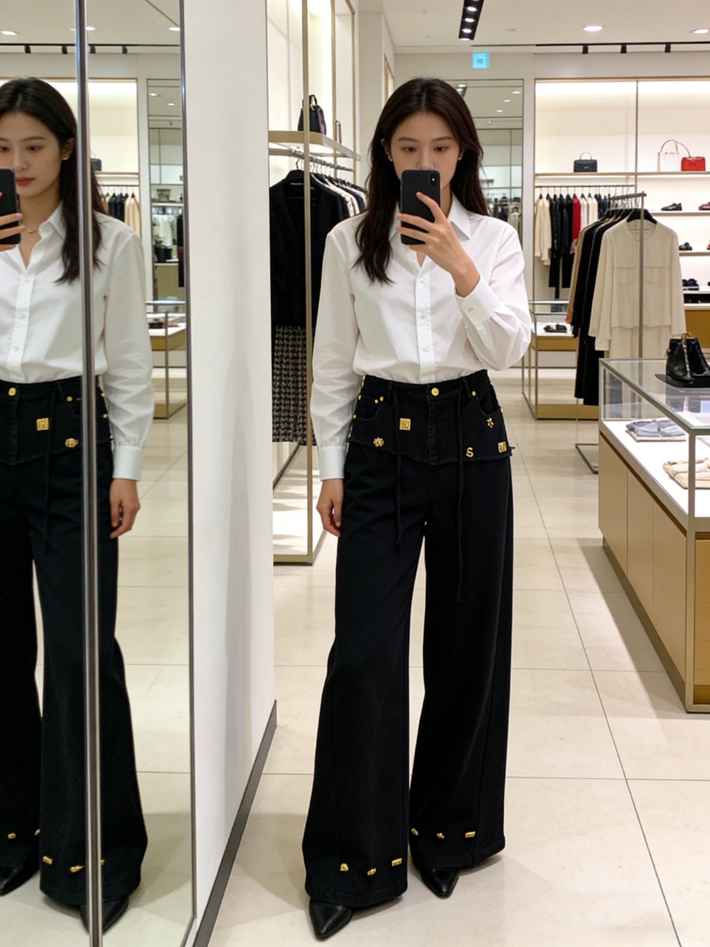 NO:716489,Model No. D26012274 Schiapare*li's new style, decorated with a variety of special-shaped golden accessories, personalized fashionable denim splicing, loose wide-leg pants and casual trousers!  Black, brown, (M size waist 70 slightly elastic, hip 90, pants length 113) hair,,19860909款号D26012274 Schiapare*li夏帕瑞利新款 多种异形金色配件装饰、个性时尚牛仔拼接宽松阔腿裤休闲长裤！黑色、棕色、 （M码腰围70微弹力,臀围90,裤长113）发,,,Women's clothing