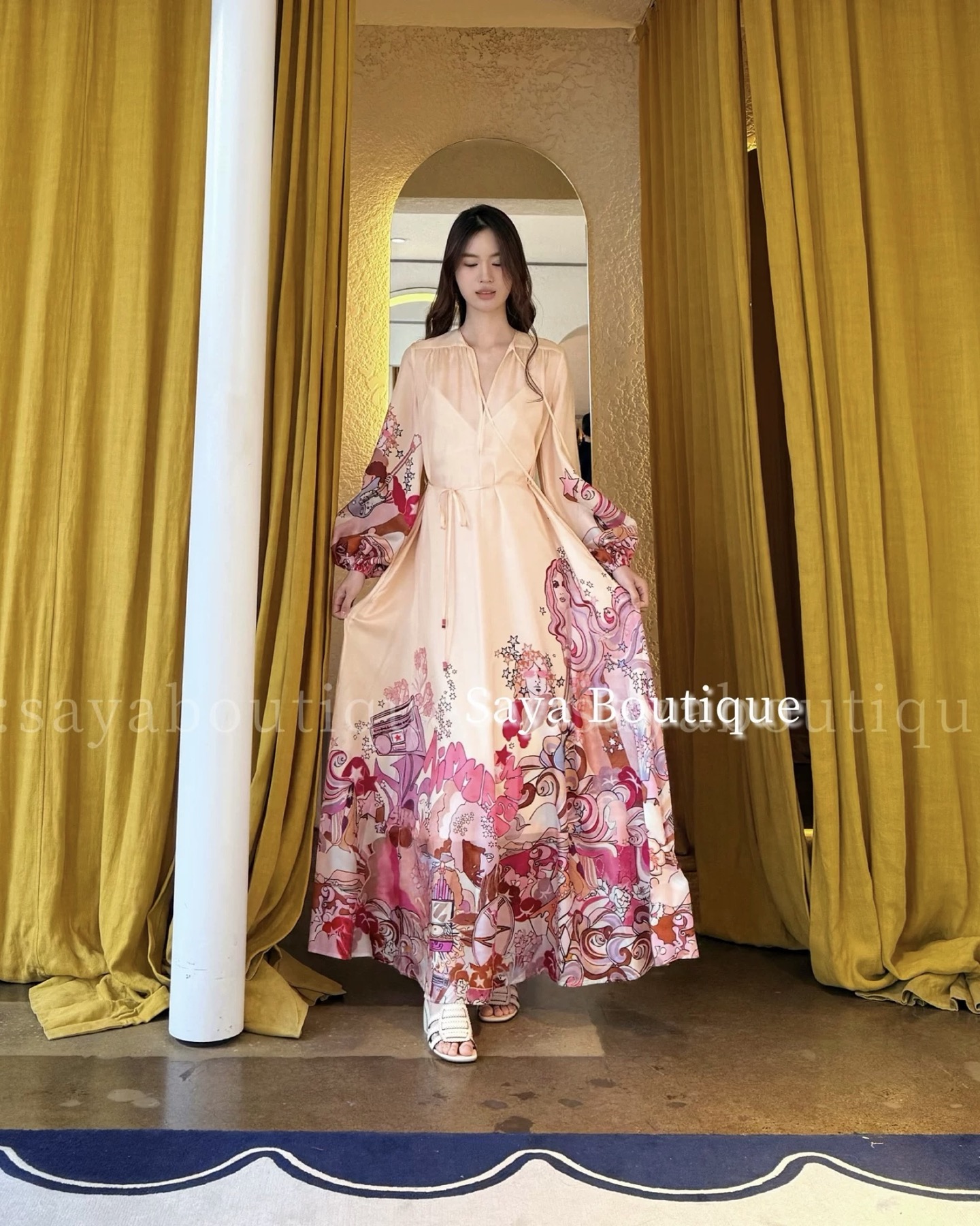 NO:714308,Style No. G26012375 ZIMMERMA*N Zimmerman Australian brand high-end customized magic beauty pattern printed tie V-neck loose fashion lantern sleeve long dress!  1.2.3.4/SMLXL (size 2 bust 124, sleeve length 63, skirt length 141; inner bust 88 super elastic, length 96 excluding shoulder straps), Zimmerman-clothing, skirts,19860909款号G26012375 ZIMMERMA*N兹默曼澳洲品牌 高端定制魔法美人图案印花系带V领宽松时尚灯笼袖长款连衣裙！1.2.3.4/SMLXL（2码胸围124,袖长63,裙长141；内搭胸围88超弹力,长度96不含肩带）,兹默曼-服装,skirts,,Women's clothing