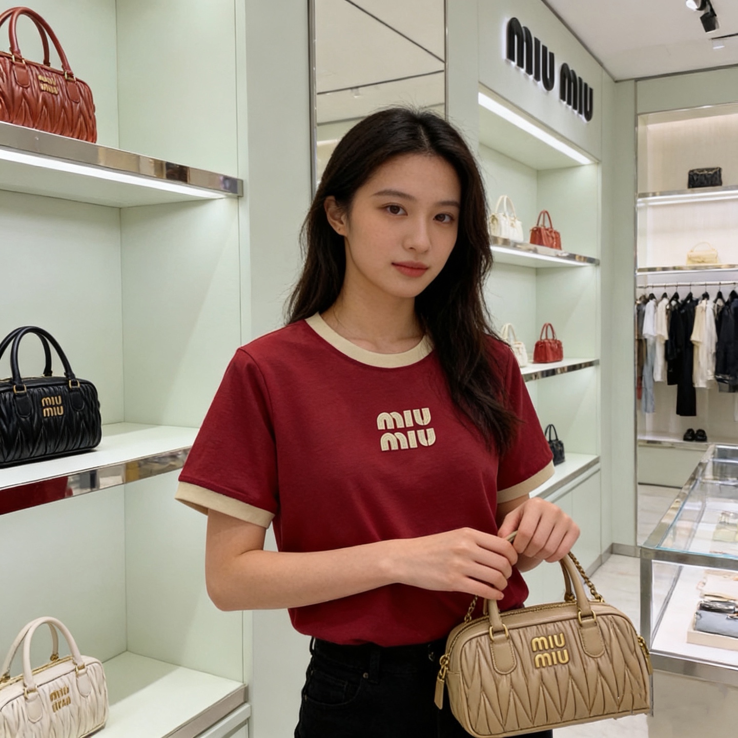 NO:717112,Model No. G26012434 MIUMI*Miaojia's new high-version customized chest letter logo three-dimensional logo with contrasting edge stitching and age-reducing fashionable round neck short-sleeved T-shirt top!  Burgundy, green, white, (M size shoulder width 37, chest 90, sleeve length 20, clothing length 58),,miumiu,T-shirt,tees,t-shirt,19860909款号G26012434 MIUMI*缪家新款 高版本定制胸前字母logo立体标志撞色边拼接减龄时尚圆领短袖t恤上衣！酒红、绿色、白色、 （M码肩宽37,胸围90,袖长20,衣长58）,,miumiu,T-shirt,tees，t-shirt,,Women's clothing