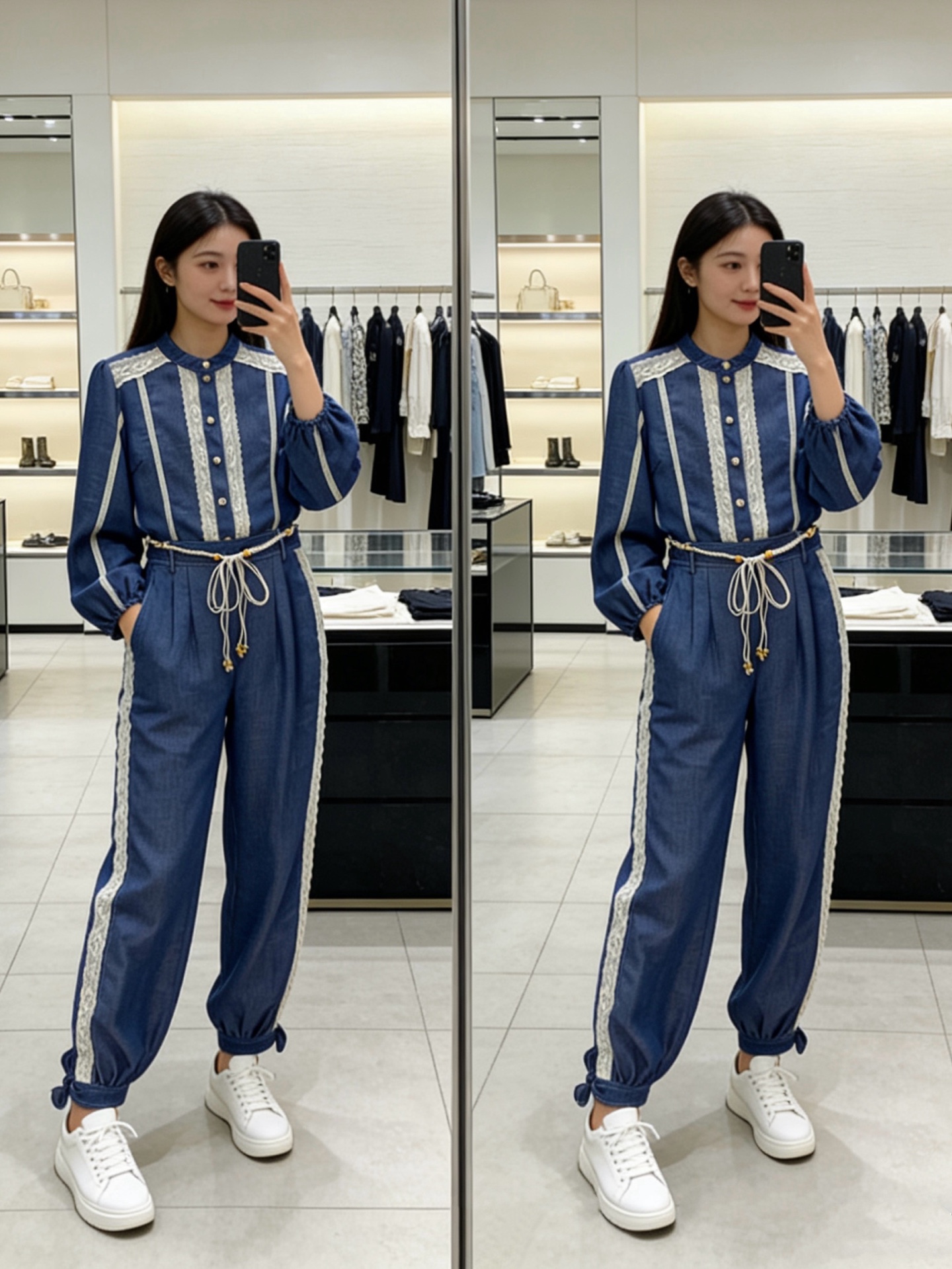 NO:722950,The highest version on the market, the girl will inspect the goods, trim the three marks on the threads, and deliver the goods. You can send pictures and take videos. If you want quality or service, please add me on WeChat. We will not accept urgent orders. Model number G26012648 ZIMMERMA*N ZIMMERMA*N Australian brand  The highest version on the new market. The girl will inspect the goods, trim the three marks on the threads, and ship the goods. You can send pictures and take videos. If you want quality or service, please add me on WeChat. We will not accept urgent orders. A high-end customized heavy-duty lace splicing fashionable casual soft denim suit!  Button-fly lantern sleeves, stand-up collar, long-sleeved shirt with elastic waist and leg-cinch trousers!  S ~19860909市面最高版本小妹验货、修剪线头上三标、发货可发图及拍视频,要品质要服务的加我微信,不接急单.款号G26012648 ZIMMERMA*N 兹默曼澳洲品牌 新市面最高版本小妹验货、修剪线头上三标、发货可发图及拍视频,要品质要服务的加我微信,不接急单.款高端定制重工蕾丝花边拼接时尚休闲软牛仔套装！系扣门襟灯笼袖立领长袖衬衫松紧腰绑带收脚长裤！S～XL（M码肩宽37,胸围96,袖长59,衣长68；腰围70,裤长109）,兹默曼-服装,shirts,,Women's clothing