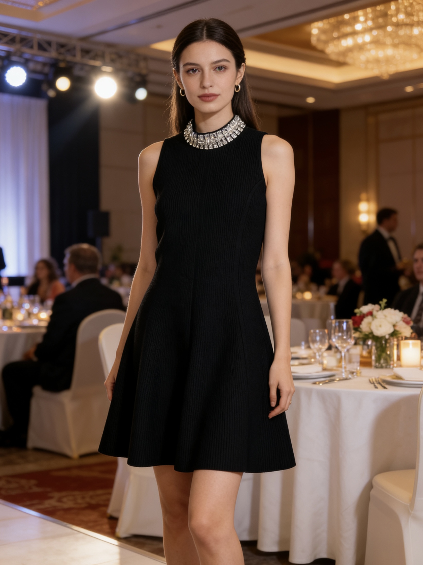 款号G SANDR*O法单2026年早春新款、重工BlingBling闪耀水钻装饰修身显瘦大摆伞裙无袖背