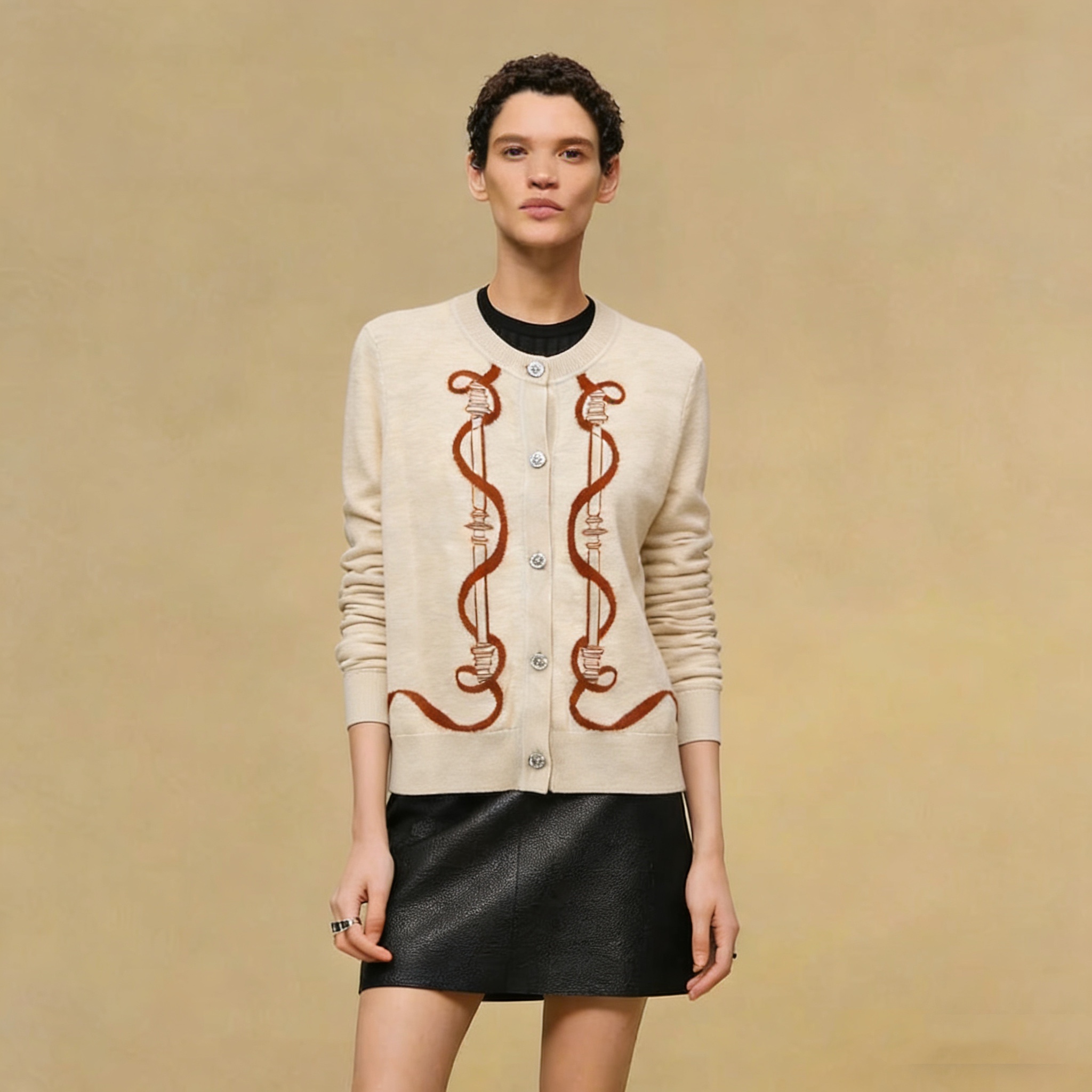 NO:720173,Style number G12742 Hermè* 2026 early spring new high-end custom silk wool blended yarn fabric geometric pattern jacquard button placket round neck long-sleeved knitted cardigan top!  Apricot, black, (S size shoulder width 37, bust 90, sleeve length 63, dress length 57), Hermès-clothing, hermes, hermes, real silk,19860909款号G12742 Hermè*2026年早春新款 高端定制真丝羊毛混纺纱线面料几何图案提花系扣门襟圆领长袖针织开衫上衣！杏色、黑色、 （S码肩宽37,胸围90,袖长63,衣长57）,爱马仕-服装,hermes,hermes,real silk,,Women's clothing