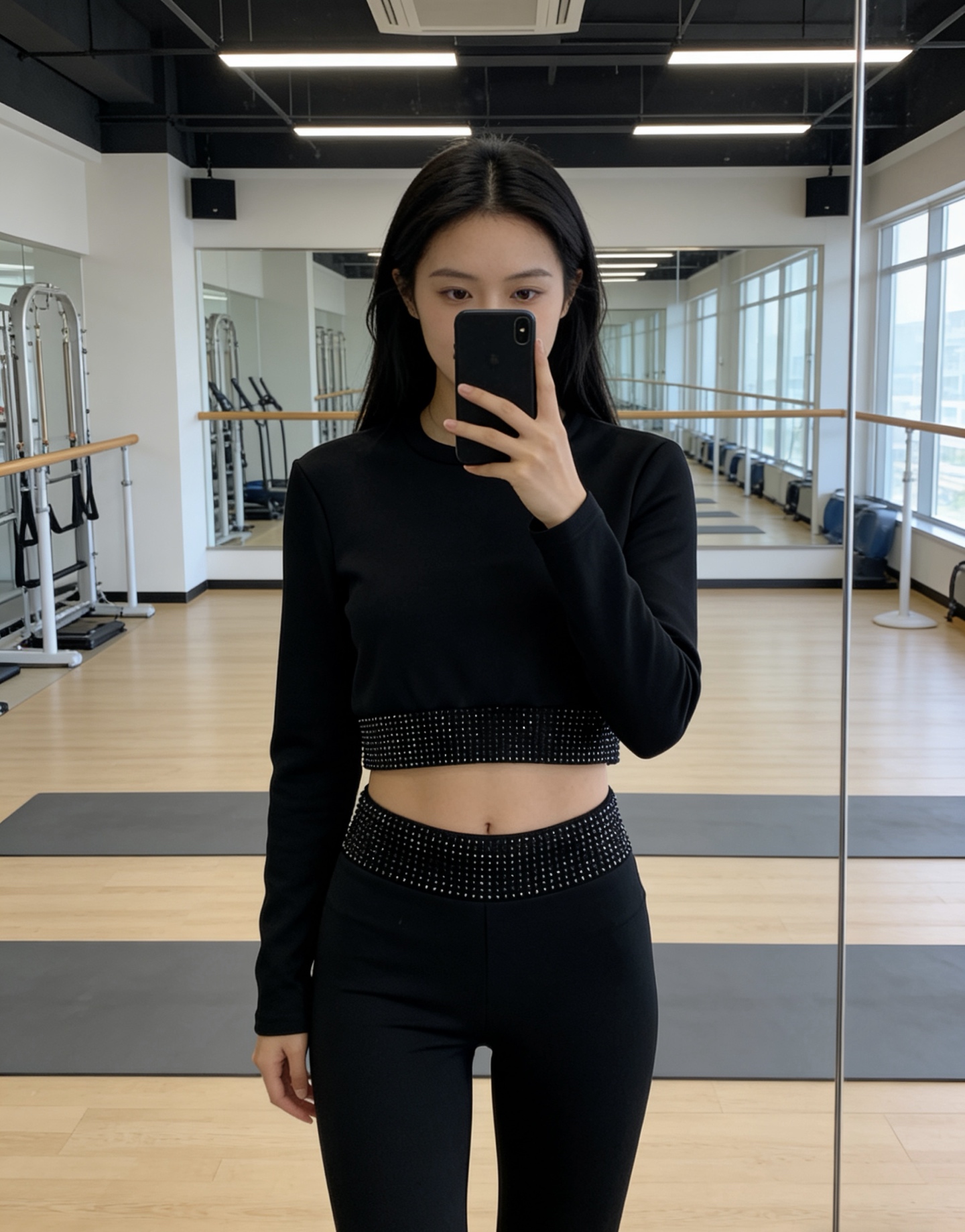 NO:731700,Style No. D26012836 Schiapare*li Schiapareli 2026 early spring new model, heavy-duty reinforced diamond-decorated sports fitness yoga set!  Short long-sleeved round neck top, elastic slimming leggings, and boot pants for small feet!  Black, (M size shoulder width 37, chest 86, sleeve length 60, dress length 41; waist 64 ~ 78 elastic, pants length 91) hair, boots,19860909款号D26012836 Schiapare*li夏帕瑞利2026年早春新款、重工加固闪钻装饰运动健身瑜伽套装！短款长袖圆领上衣弹力显瘦紧身裤小脚靴裤！黑色, （M码肩宽37,胸围86,袖长60,衣长41；腰围64～78弹力,裤长91）发,,boots,,Women's clothing