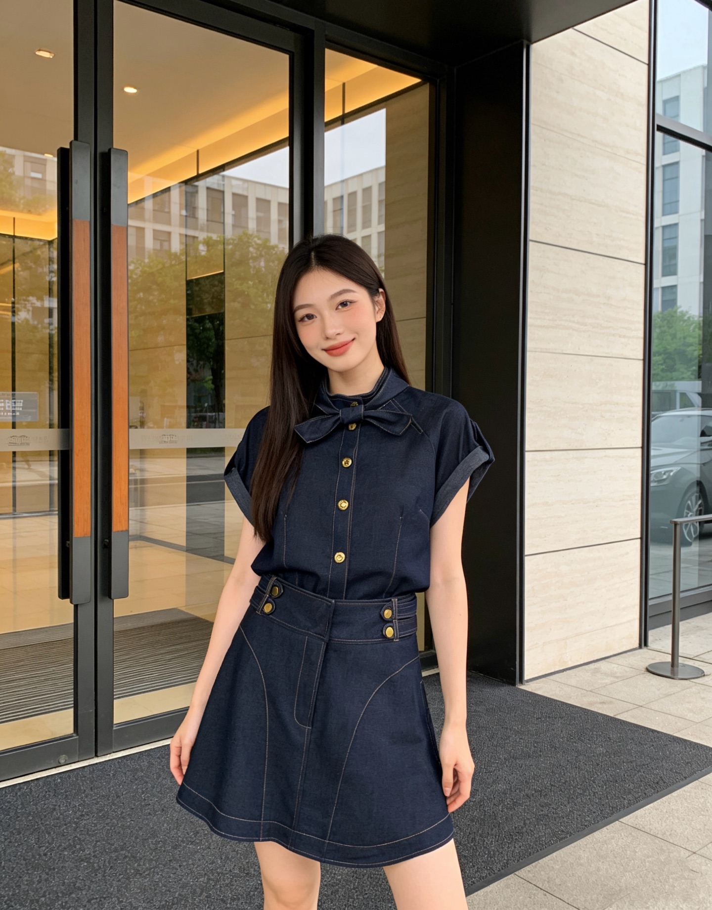 NO:740156,Style No. D26022948 ZIMMERMA*N Australian brand ZIMMERMA custom-made stylish and stylish soft denim two-piece suit!  Letter logo buttons, small stand-up collar, short-sleeved denim top, irregular arc hem, high waist, slimming A-line denim skirt!  Dark blue, 1.2.3.4/SMLXL (M size bust 98, raglan sleeve length 31, dress length 68; waist 72, skirt length 44) hair, skirts, T-shirt,19860909款号D26022948 ZIMMERMA*N 兹默曼澳洲品牌定制气质时尚软牛仔两件套装！字母logo纽扣小立领短袖牛仔上衣不规则弧摆高腰显瘦A字牛仔半身裙！深蓝、1.2.3.4/SMLXL（M码胸围98,连肩袖长31,衣长68；腰围72,裙长44）发,,skirts,T-shirt,,Women's clothing