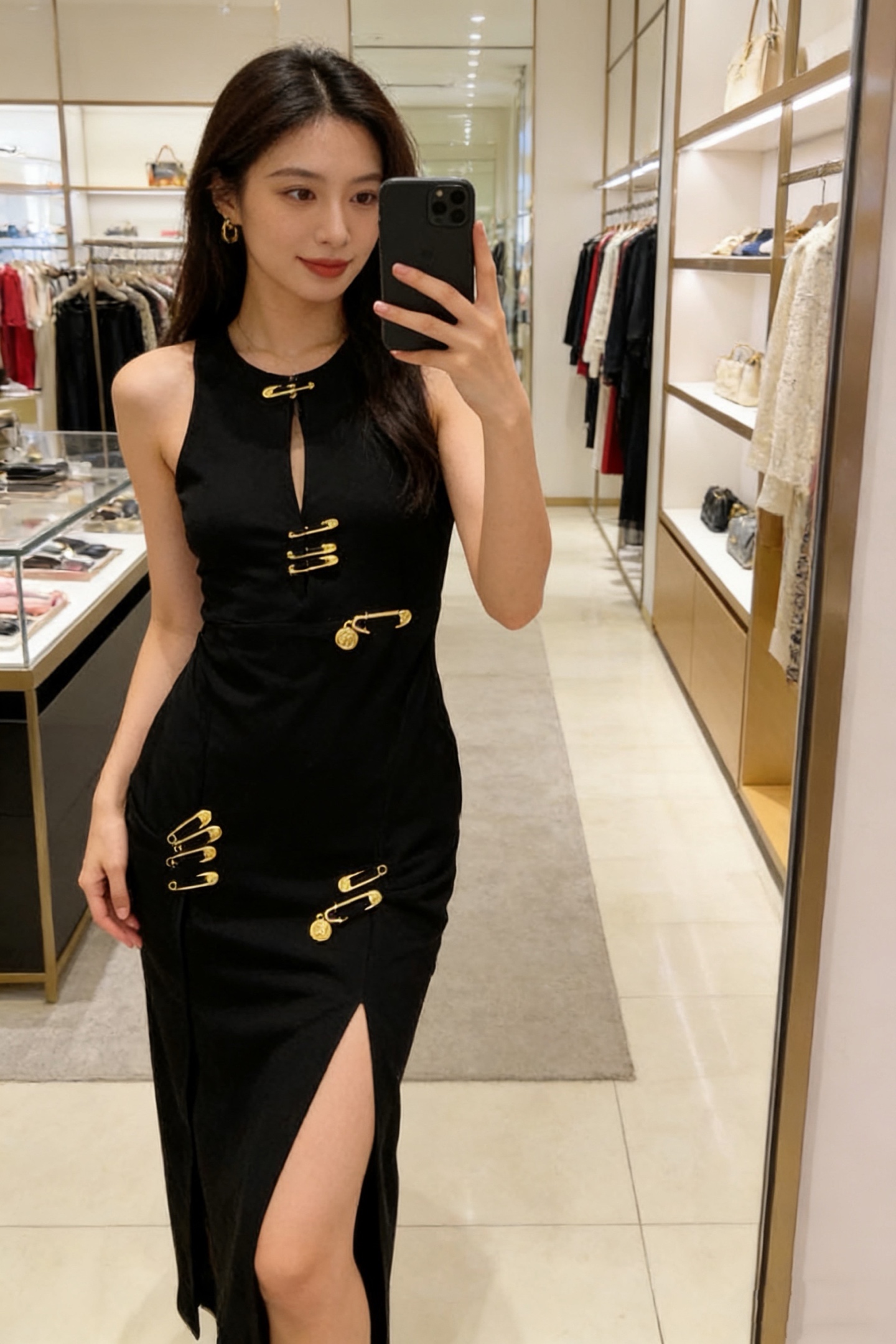 款号G VERSAC*新款定制辣妹风时尚性感双开叉裙摆设计金色别针扣装饰修身显瘦罗马棉无袖背心裙加长款连