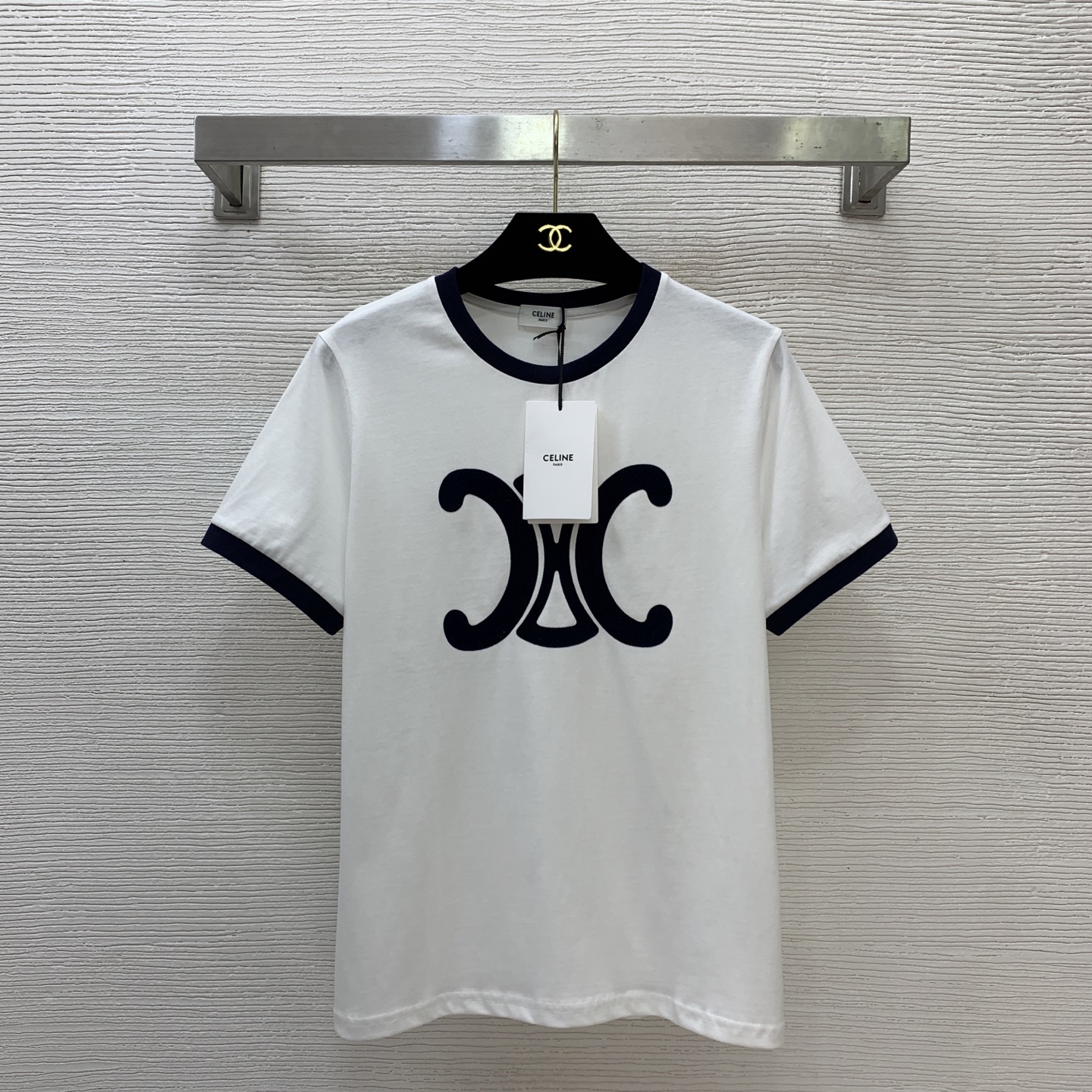 款号G CELIN*E思琳新款高端定制 经典凯旋门logo植绒徽标撞色包边时尚百搭圆领短袖t恤上衣！白色