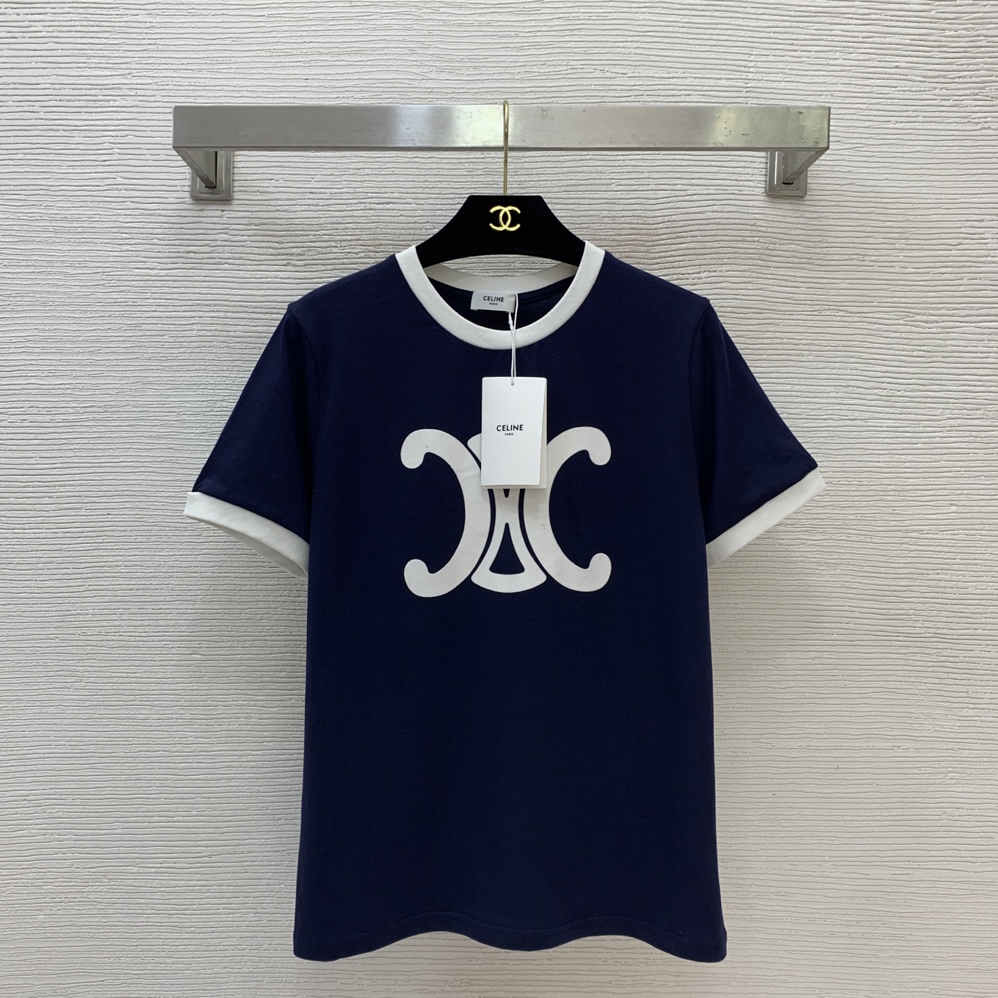款号G CELIN*E思琳新款高端定制 经典凯旋门logo植绒徽标撞色包边时尚百搭圆领短袖t恤上衣！白色