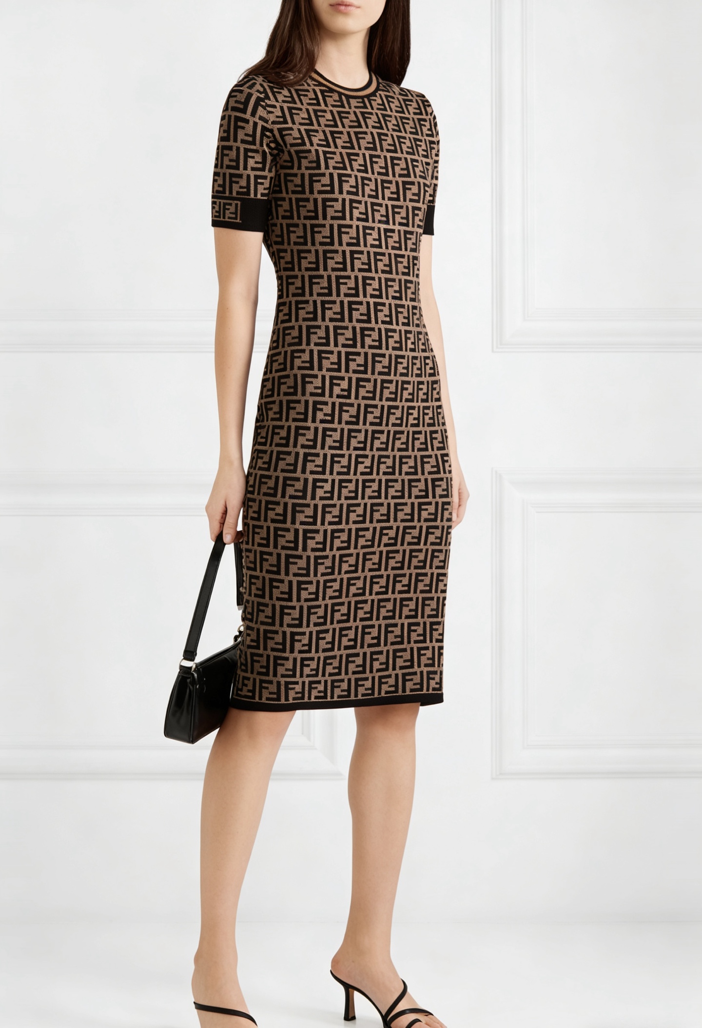 NO:753420,Style No. G26031472 FEND*I's new high-end customized all-over double FF letter logo jacquard contrasting edge stitching slim fit mid-length round neck short-sleeved knitted dress!  Brown color, 36-38-40 (size 38: shoulder width 38, bust 86, sleeve length 26, skirt length 109) batch,, fendi, skirts, T-shirt,19860909款号G26031472 FEND*I新款高端定制通体双FF字母logo提花撞色边拼接修身显瘦中长款圆领短袖针织连衣裙！咖色、36-38-40（38码:肩宽38,胸围86,袖长26,裙长109）批,,fendi,skirts,T-shirt,,Women's clothing