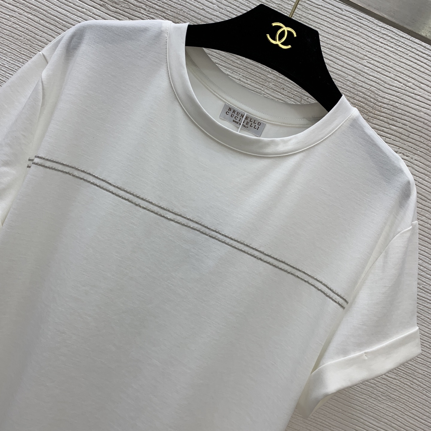 款号G Brunel*o Cucinel*i新款BC家高端定制银色细链条⛓️装饰简约时尚翻边袖修身短袖t