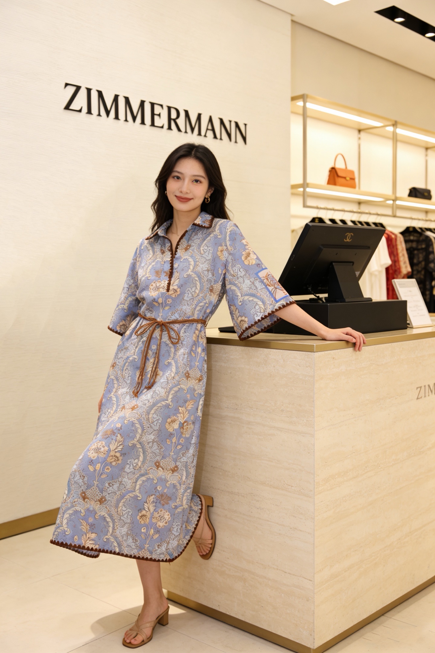 款号G ZIMMERMAN*兹默曼澳洲品牌 高端定制棉麻混纺面料、粉色系波西米亚度假风复古印花宽松百搭V
