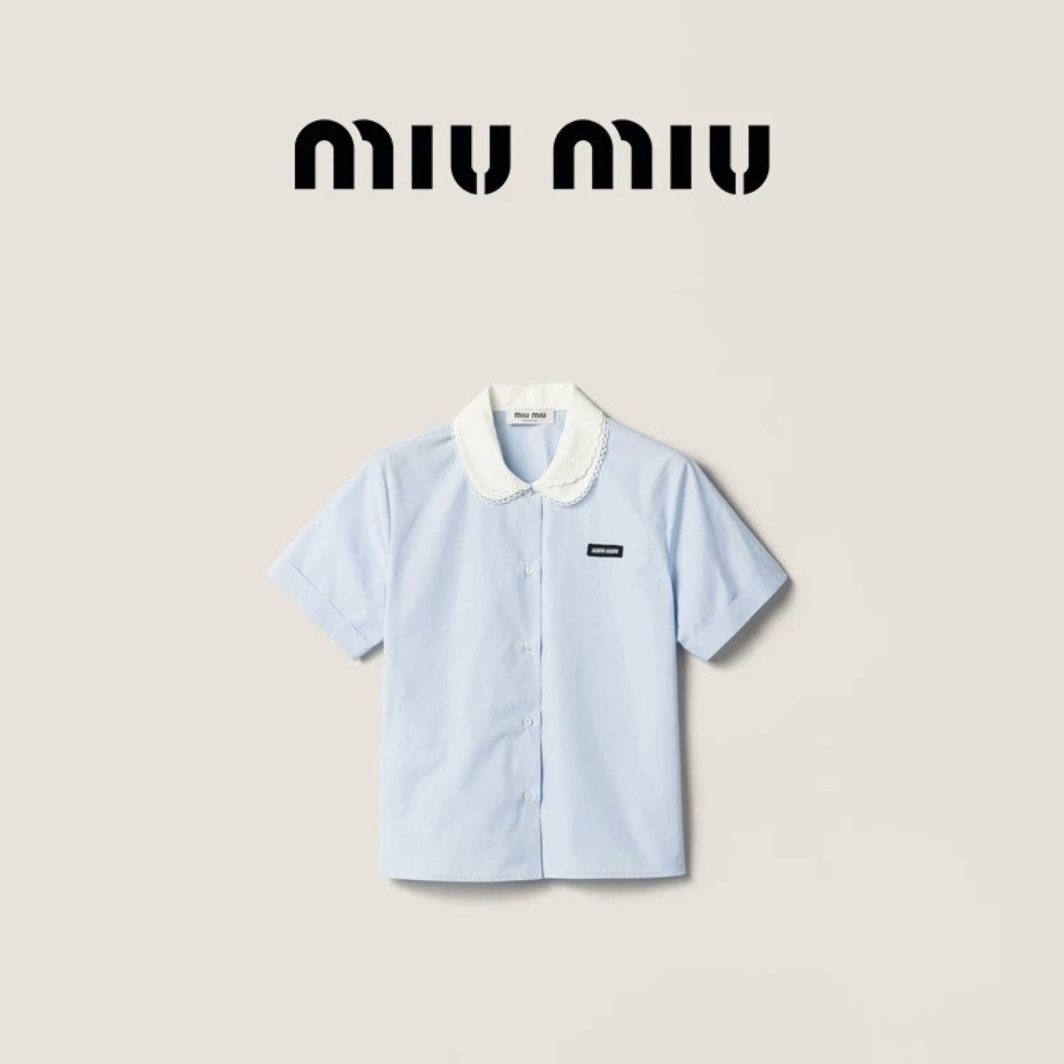 款号D MiuMi*u缪家新款定制胸前字母logo徽标装饰、双层花边波点娃娃领学院风减龄百搭短袖纯棉衬衣