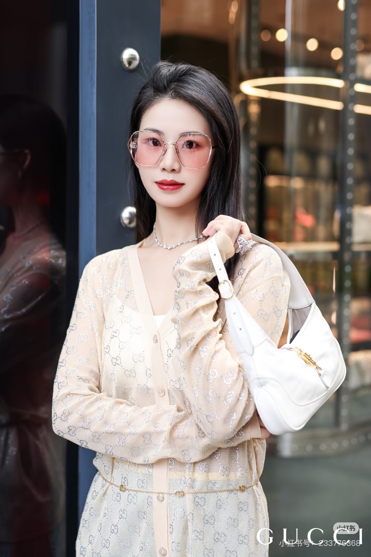 款号G GUCC*新款高端定制彩钻GG字母logo重工高温烫钻工艺小心机微透性感V领长袖针织薄开衫上衣⚠