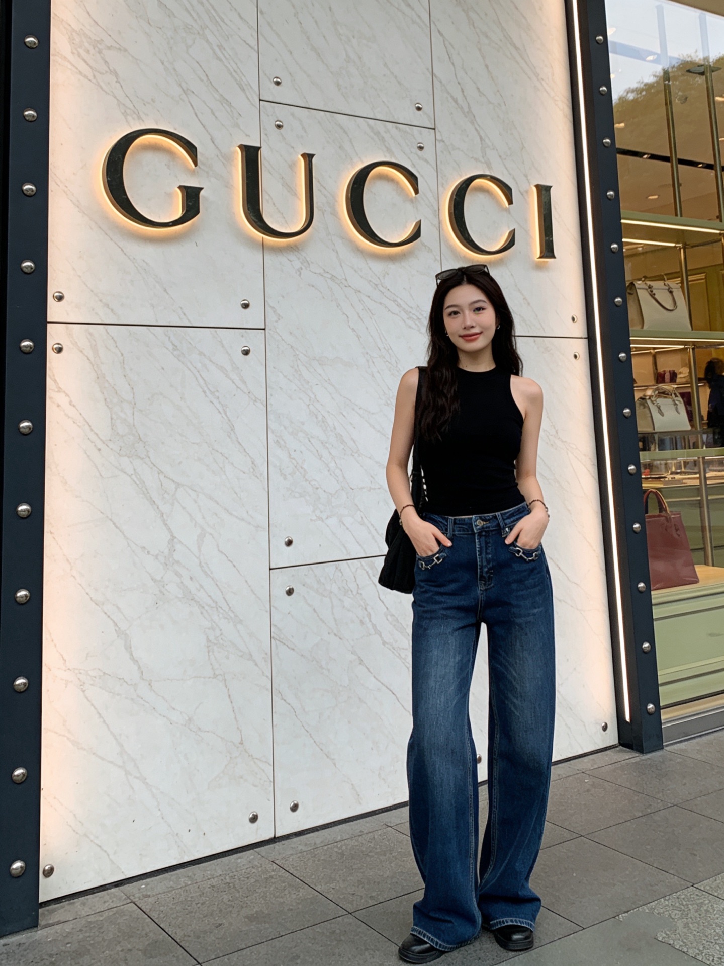 款号G GUCC*新款定制经典马衔扣金属配件腰间皮革徽标装饰时尚百搭直筒牛仔裤！24-25-26-27-