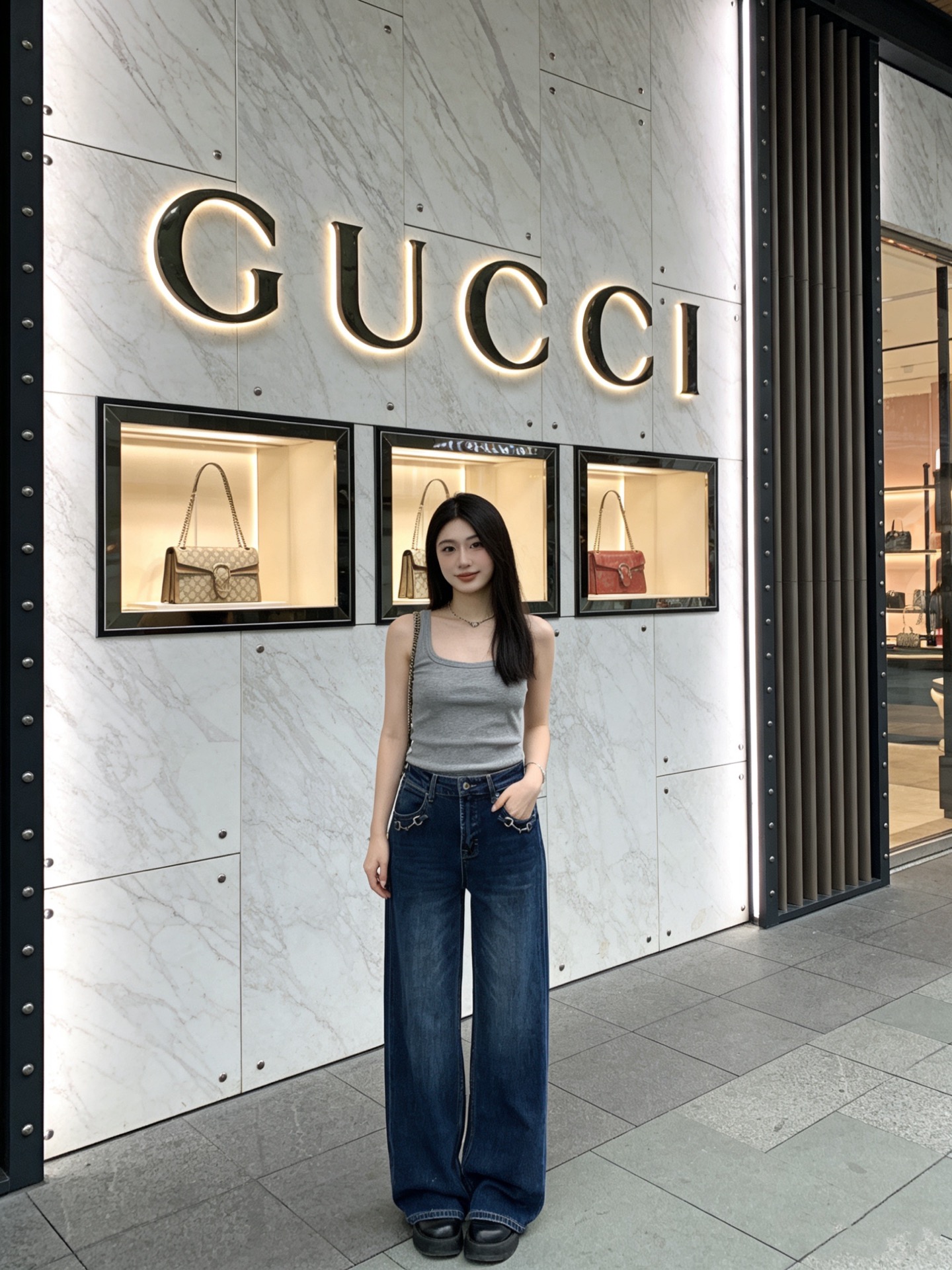 款号G GUCC*新款定制经典马衔扣金属配件腰间皮革徽标装饰时尚百搭直筒牛仔裤！24-25-26-27-