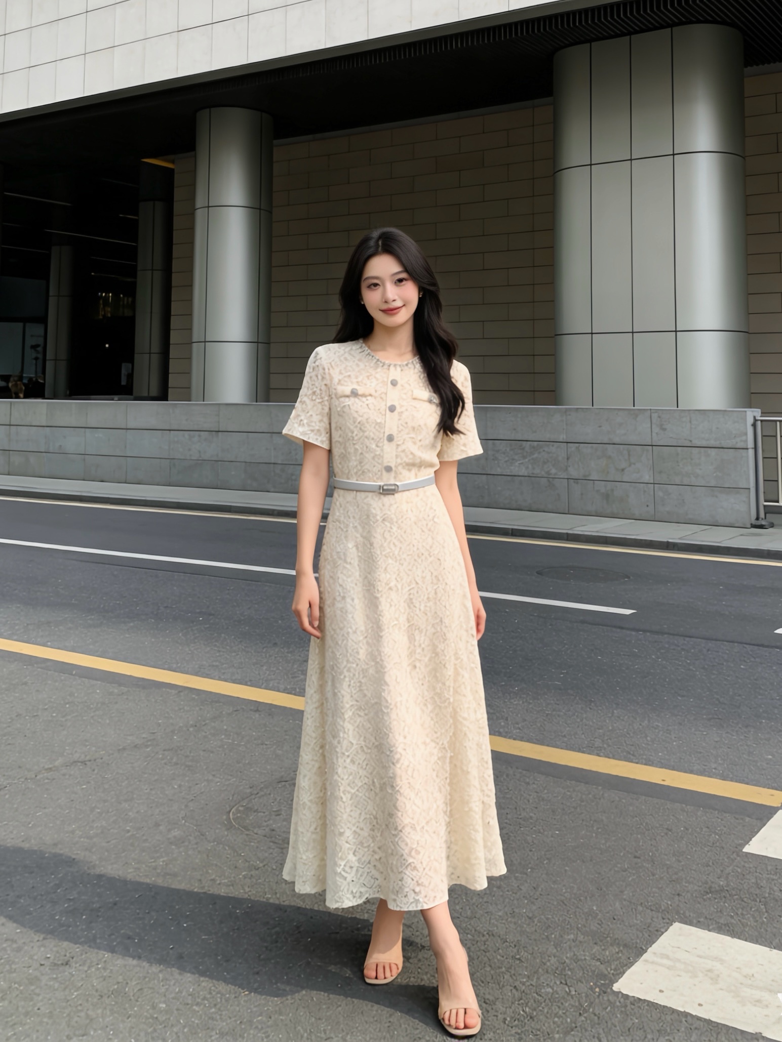 款号G Self-Portrai*2026年新款SP家高端定制蕾丝金线勾花领口重工镶钻装饰收腰显瘦大裙摆