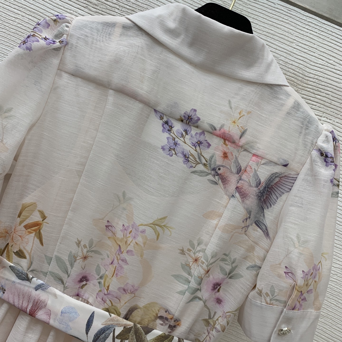 款号G ZIMMERMA*N兹默曼澳洲品牌高端定制 鸟儿枝头花朵图案印花前排扣门襟V领泡泡袖短袖连衣裙➕