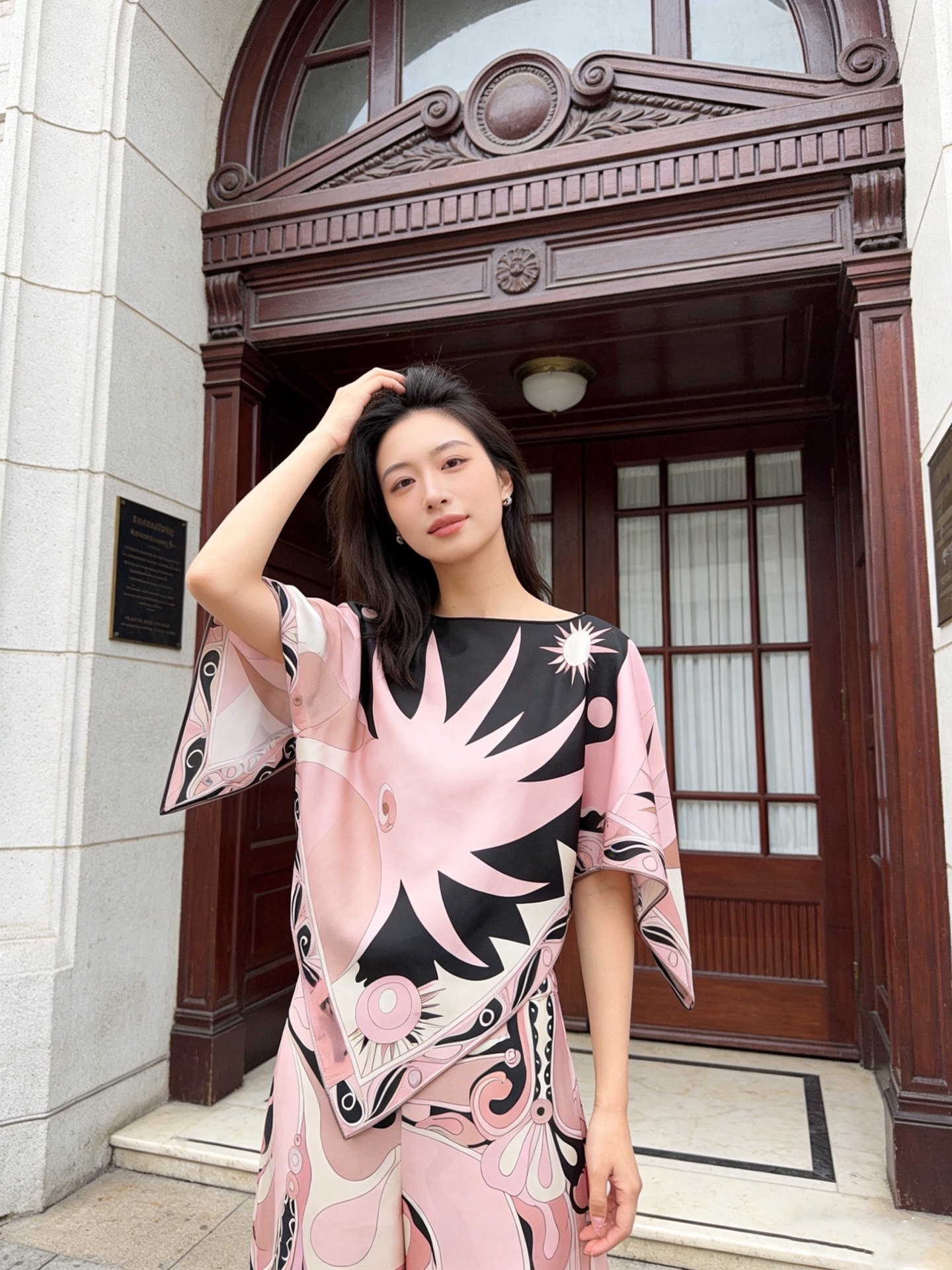 款号D PUCC*新款定制仿真丝缎斜纹稠面料、时尚复古印花宽松百搭侧拉链高腰显瘦阔腿裤长裤！粉色、绿色、