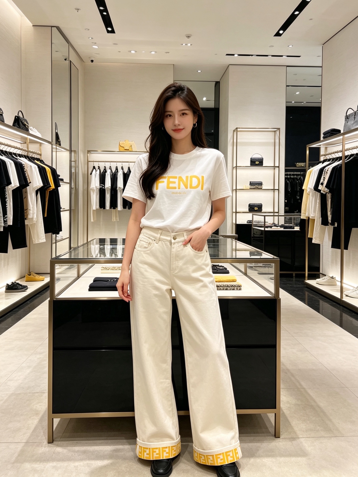 NO:801868,Model No. G26041286 FEND* new high-end customized letter logo hardware accessories, YKK zipper fly, double FF letter printed cuffs, fashionable and western-style straight-leg wide-leg jeans and trousers!  (M size waist 70 non-elastic, hip 96, pants length 101) batch,,fendi,jeans,19860909款号G26041286 FEND*新款 高端定制字母logo五金配件、YKK拉链门襟双FF字母印花翻边时髦洋气直筒阔腿牛仔裤长裤！（M码腰围70无弹力,臀围96,裤长101）批,,fendi,jeans,,Women's clothing