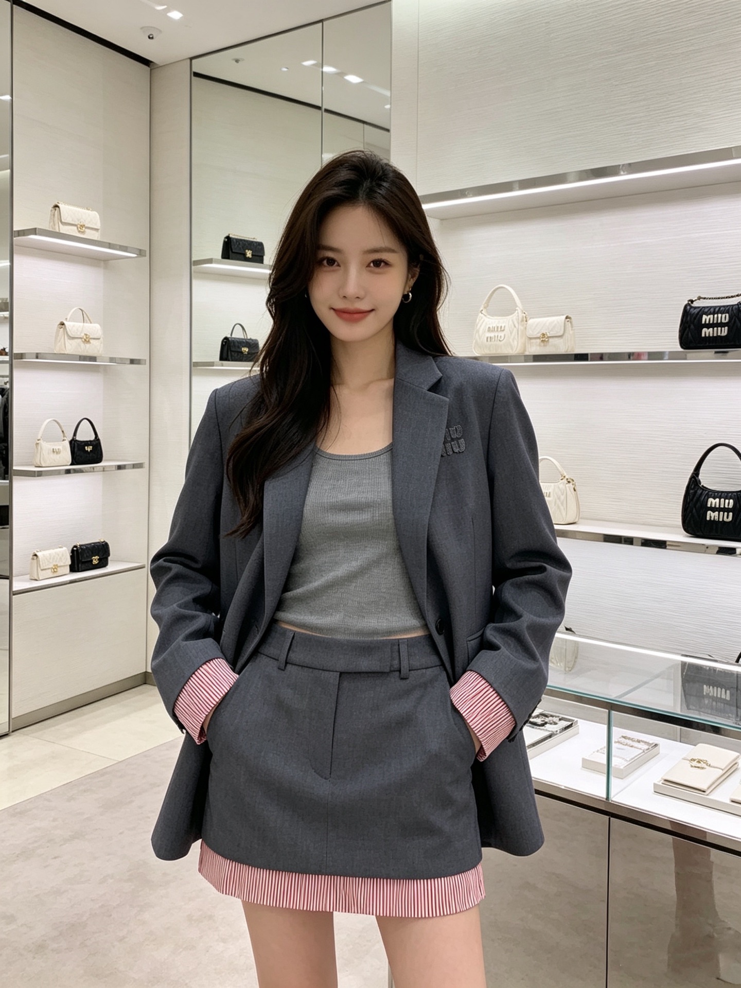 NO:804805,Model No. G26041786 MiuMi*Miaojia's new high-end boutique customized wool fabric, flap pocket patch embroidered logo badge, fashionable and personalized design contrasting cuffs splicing loose casual mid-length two-button suit jacket!  High-end gray, (S size shoulder width 40, chest 96 ~ 100, sleeve length 63, clothing length 74) jacket,,miumiu,jackets & coats,business suit,19860909款号G26041786 MiuMi*缪家新款 高端精品定制羊毛面料、翻盖口袋贴布刺绣logo胸章、时尚个性设计撞色袖口拼接宽松休闲中长款两粒扣西装外套！高级灰、（S码肩宽40,胸围96～100,袖长63,衣长74）外套,,miumiu,jackets & coats,business suit,,Women's clothing