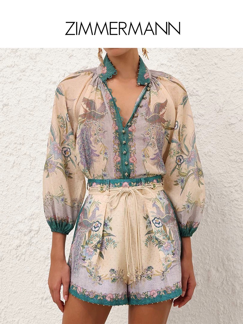 NO:852806,The highest version on the market, the girl will inspect the goods, trim the three marks on the threads, and deliver the goods. You can send pictures and take videos. If you want quality or service, please add me on WeChat. We will not accept urgent orders. Model No. G26051815 ZIMMERMA*N ZIMMERMA Australian brand high-end customized Phoenix flower totem print temperament and fashionable two-piece suit!  Gold blended bronze button placket, loose stand-up collar, lantern sleeve shirt, high-waisted pleated wide-leg linen cotton shorts with bohemian belt!  1.2.3.4/SMLXL (size 2 bust 118, raglan sleeve length 62, dress length 68; waist 66, pants length 38), Zimmerman-clothing, shorts,19860909市面最高版本小妹验货、修剪线头上三标、发货可发图及拍视频,要品质要服务的加我微信,不接急单.款号G26051815 ZIMMERMA*N兹默曼澳洲品牌 高端定制凤凰花朵图腾印花气质时尚两件套装！金丝混纺古铜纽扣门襟宽松立领灯笼袖衬衣高腰压褶阔腿亚麻棉短裤配波西米亚腰带！1.2.3.4/SMLXL（2码胸围118,连肩袖长62,衣长68；腰围66,裤长38）,兹默曼-服装,shorts,,Women's clothing