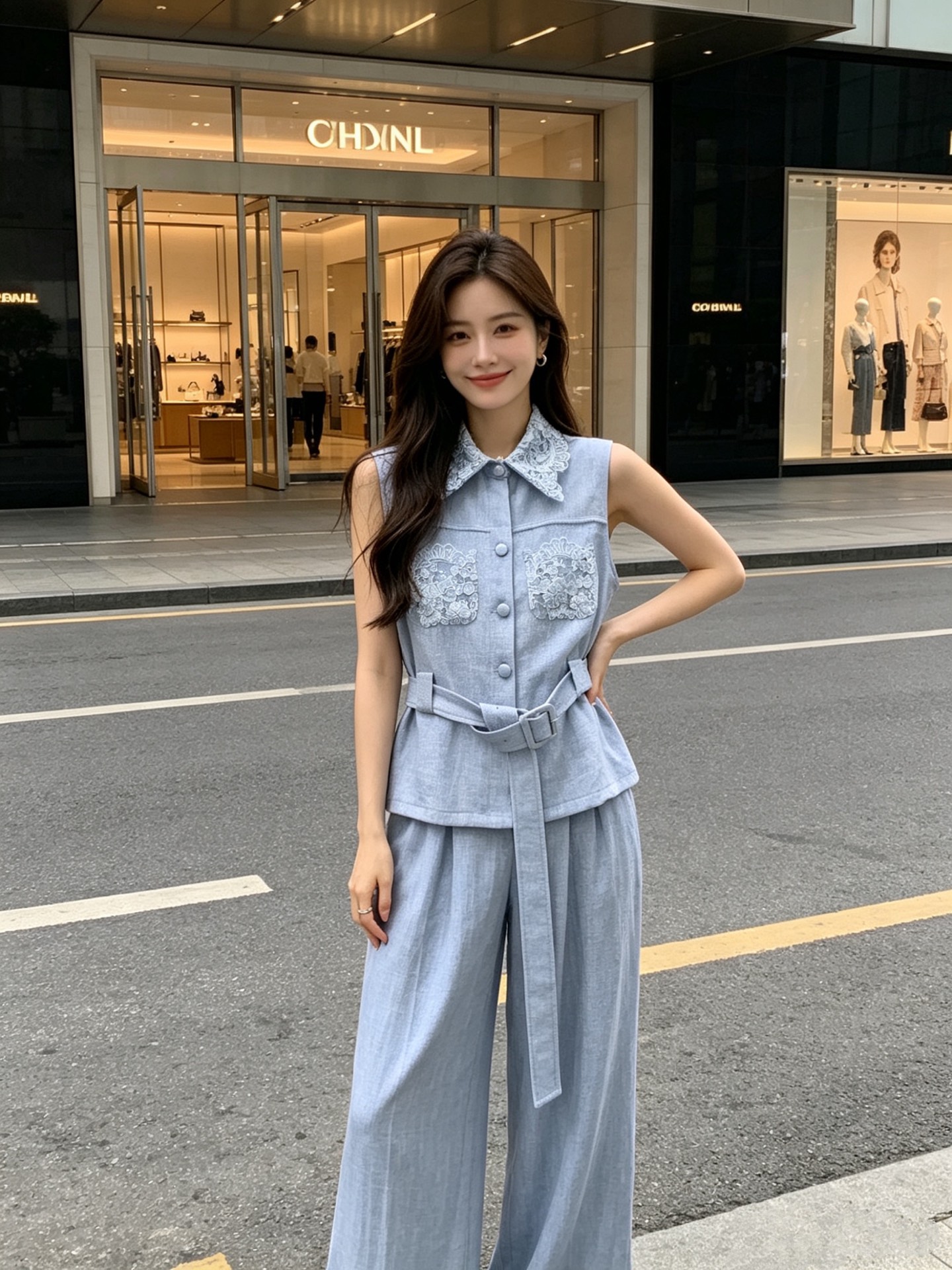 NO:852769,The highest version on the market, the girl will inspect the goods, trim the three marks on the threads, and deliver the goods. You can send pictures and take videos. If you want quality or service, please add me on WeChat. We will not accept urgent orders. Style number G2605 ZIMMERMA*N Zimmerman Australian brand high-end custom-made two-piece suit with elegant temperament and fashion!  Lace stitching buttoned lapel sleeveless top high waist pleated wide leg trousers!  Blue, white, 36-38-40-42 (size 38: bust 84, length 55; waist 70, hips 104, pants length 103), Zimmerman-Clothing,19860909市面最高版本小妹验货、修剪线头上三标、发货可发图及拍视频,要品质要服务的加我微信,不接急单.款号G2605 ZIMMERMA*N兹默曼澳洲品牌高端定制气质高雅时尚两件套装！蕾丝花边拼接系扣翻领无袖上衣高腰压褶阔腿裤长裤！蓝色、白色、36-38-40-42（38码:胸围84,衣长55；腰围70,臀围104,裤长103）,兹默曼-服装,,Women's clothing