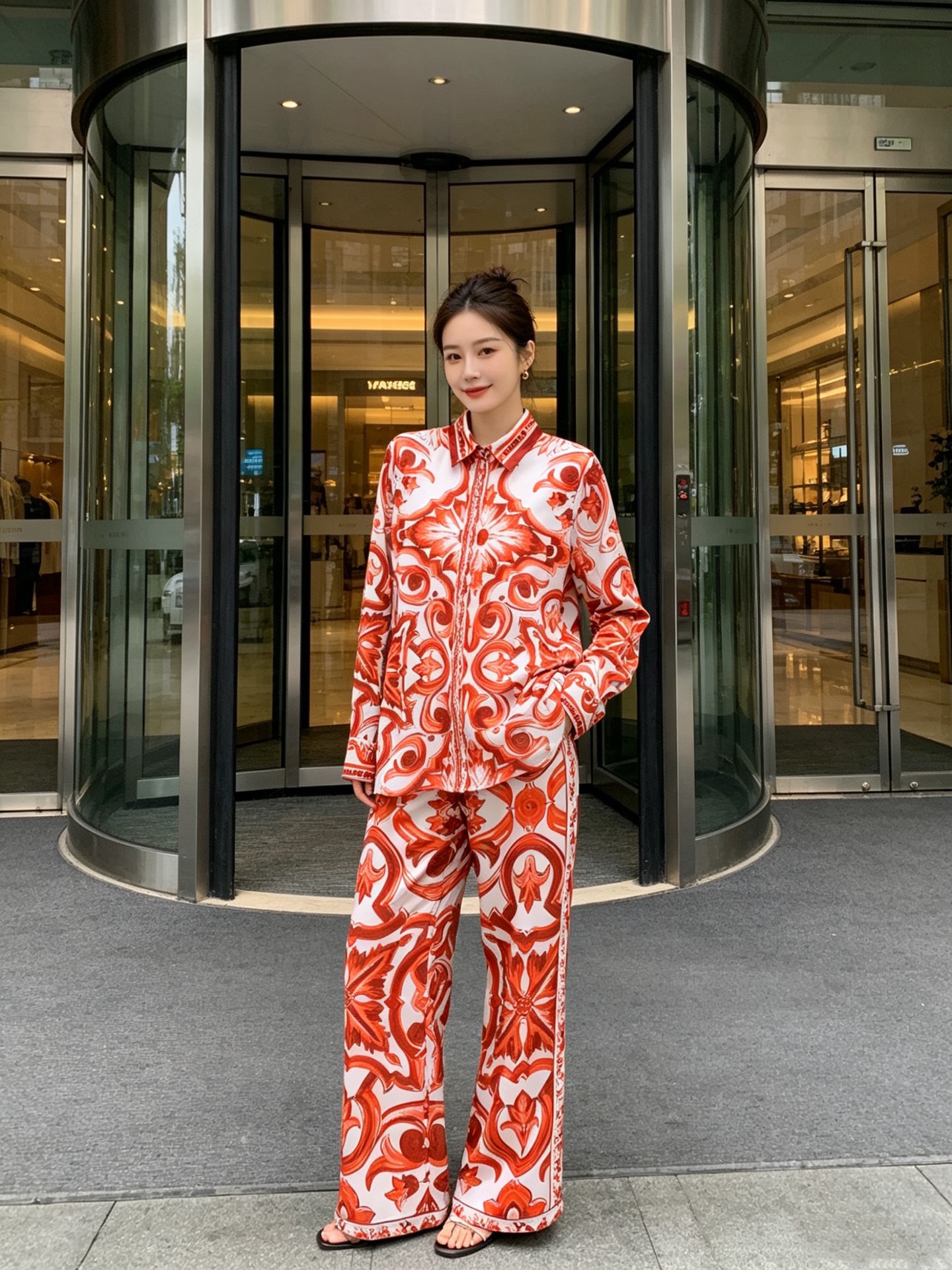 NO:888147,No. D60347 & Dolce & Gabbana DG’s latest summer romantic orange retro print fashion two-piece suit!  Button placket, lapels, loose and versatile long-sleeved shirts, tops, elastic waist, loose wide-leg pants, trousers!  (M size shoulder width 37, bust 102, sleeve length 62, dress length 69; waist 68~88 elastic, hip 96, pants length 95) Suit, shirt, trousers P, Dolce&Gabbana-clothing, Dolce&Gabbana, shirts,19860909号D60347 &杜嘉班纳DG*新 夏日浪漫橙色系复古印花时尚两件套装！系扣门襟翻领宽松百搭长袖衬衣上衣松紧腰宽松阔腿裤长裤！ （M码肩宽37,胸围102,袖长62,衣长69；腰围68～88弹力,臀围96,裤长95）套装、衬衫、长裤P,杜嘉班纳-服装,Dolce&Gabbana,shirts,,Women's clothing