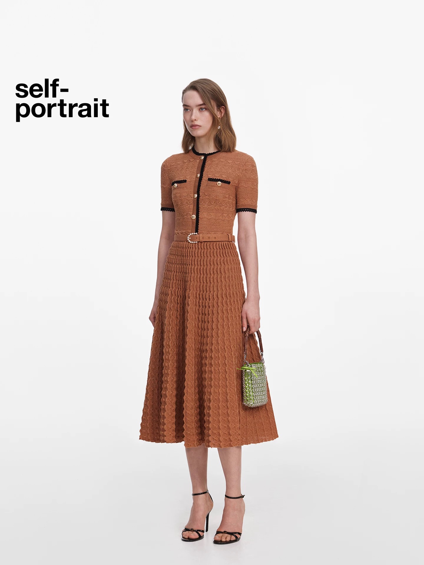 NO:870134,No. G26060676 Self-Portrai*new SP Jiaxin wavy pattern hollow see-through contrasting color hemming slim fit long-sleeved short-sleeved knitted dress!  Apricot, brown, (M size bust 66, waist 56, sleeve length 19, skirt length 123/fabric elastic large size is for reference only), women's clothing, skirts, T-shirt,19860909号G26060676 Self-Portrai*新SP家新 波浪纹镂空透视撞色包边修身显瘦大摆短袖针织连衣裙！杏色、棕色、（M码胸围66,腰围56,袖长19,裙长123/面料弹力大尺寸仅供参考）,女装,skirts,T-shirt,,Women's clothing