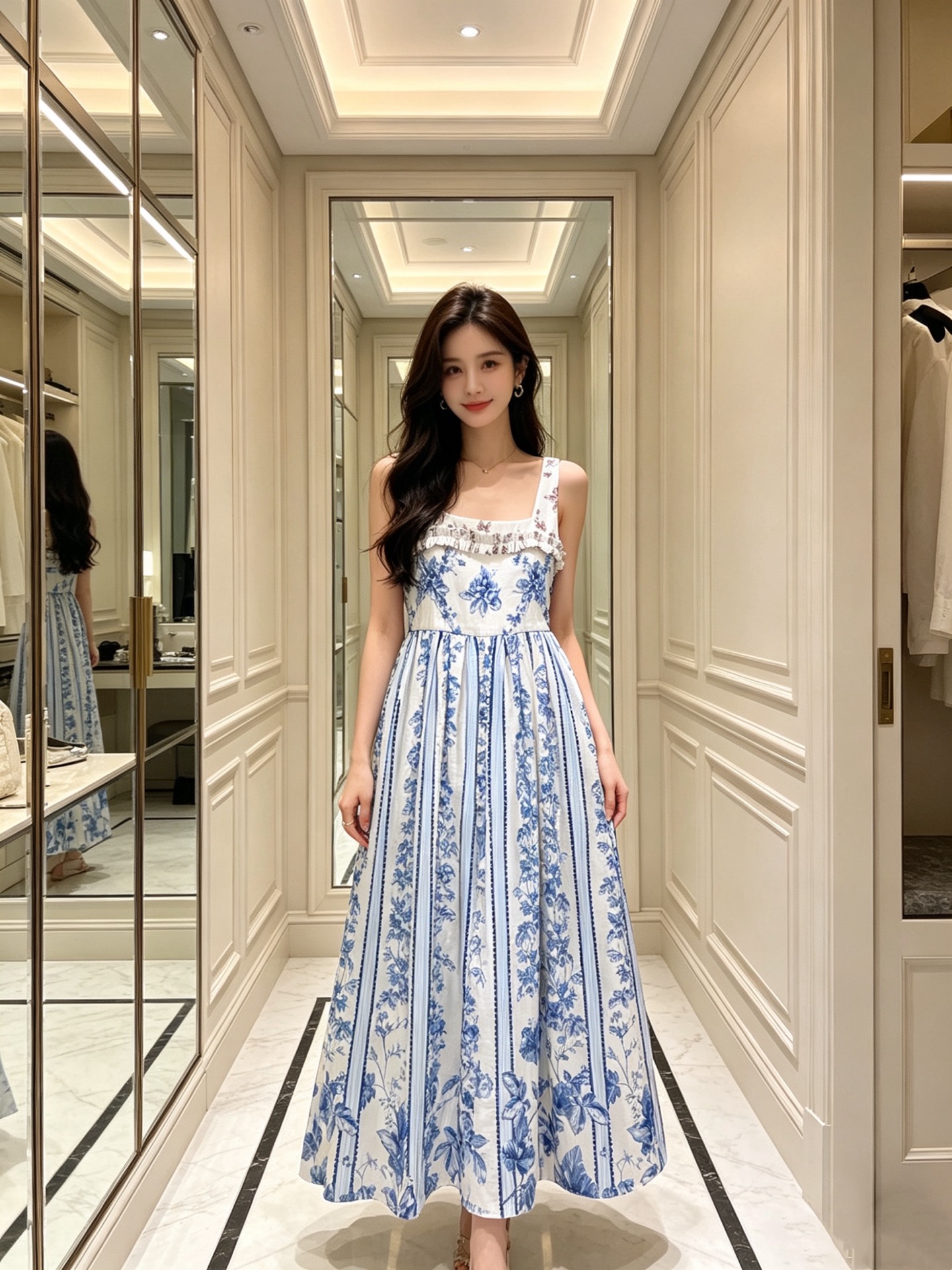 NO:870201,No. G26060742 AGUA Colombian niche brand light luxury resort style fairy skirt!  Blue and white porcelain floral print fungus lace patchwork waist slimming large skirt linen suspender dress!  (M size bust 84~88, waist 72, skirt length 134), women's clothing, skirts,19860909号G26060742 AGUA哥伦比亚小众品牌 轻奢度假风仙女裙！青花瓷碎花印花木耳花边拼接收腰显瘦大裙摆亚麻吊带连衣裙！ （M码胸围84～88,腰围72,裙长134）,女装,skirts,,Women's clothing
