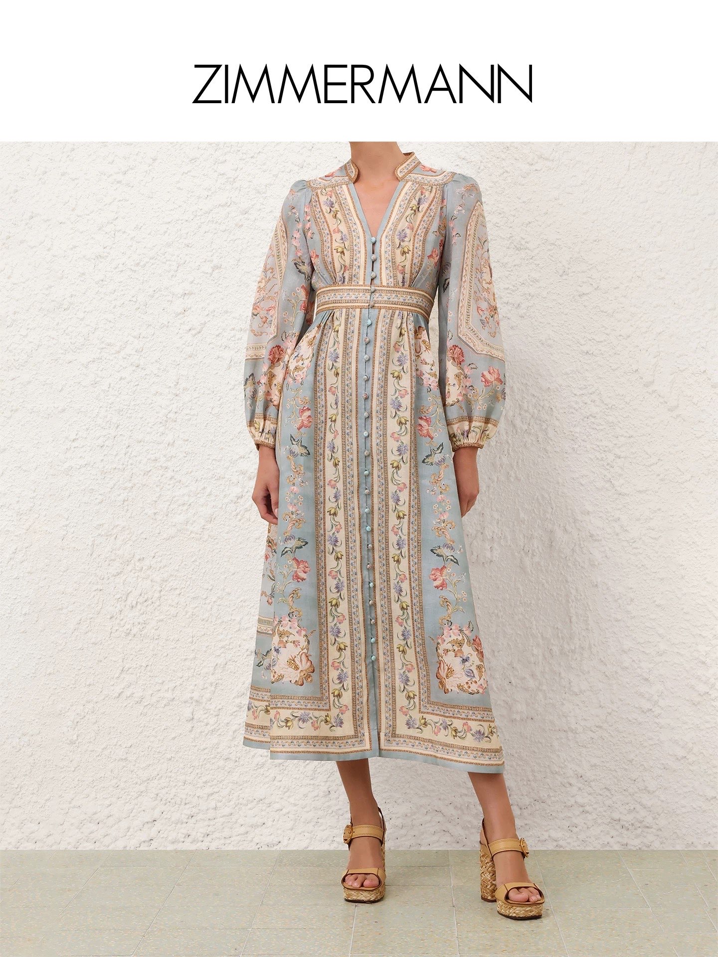 NO:867787,No. G26060727 ZIMMERMA*N Australian brand, high-end customized linen blended fabric, holiday style light blue retro floral print, single-breasted front V-neck waist slimming lantern sleeve long-sleeved dress!  1.2.3.4/SMLXL (size 2 shoulder width 40, bust 94, waist 72, sleeve length 60, skirt length 136), Zimmerman-clothing, skirts,19860909号G26060727 ZIMMERMA*N兹默曼澳洲品牌 高端定制亚麻混纺面料、度假风浅蓝色复古小碎花印花、单排扣前襟V领收腰显瘦灯笼袖长袖连衣裙！1.2.3.4/SMLXL（2码肩宽40,胸围94,腰围72,袖长60,裙长136）,兹默曼-服装,skirts,,Women's clothing