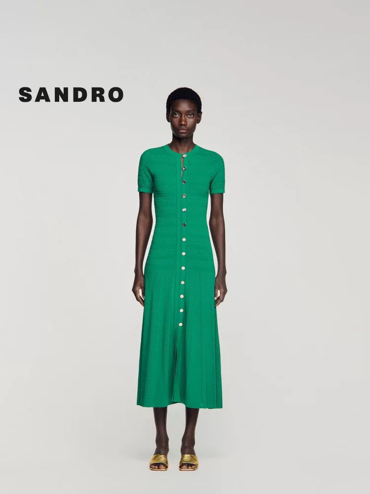 NO:883420,No. D61082 Sandr*o new French style elegant French style hollow see-through jacquard single-breasted decoration, slit round neck slim fit pleated skirt short-sleeved knitted dress!  Green, blue, white, (M size bust 78, waist 66, sleeve length 21, skirt length 131), women's clothing, skirts, T-shirt,19860909号D61082 Sandr*o法单新 气质高雅法式镂空透视提花单排扣装饰、开叉圆领修身显瘦压褶裙摆短袖针织连衣裙！绿色、蓝色、白色、（M码胸围78,腰围66,袖长21,裙长131）,女装,skirts,T-shirt,,Women's clothing