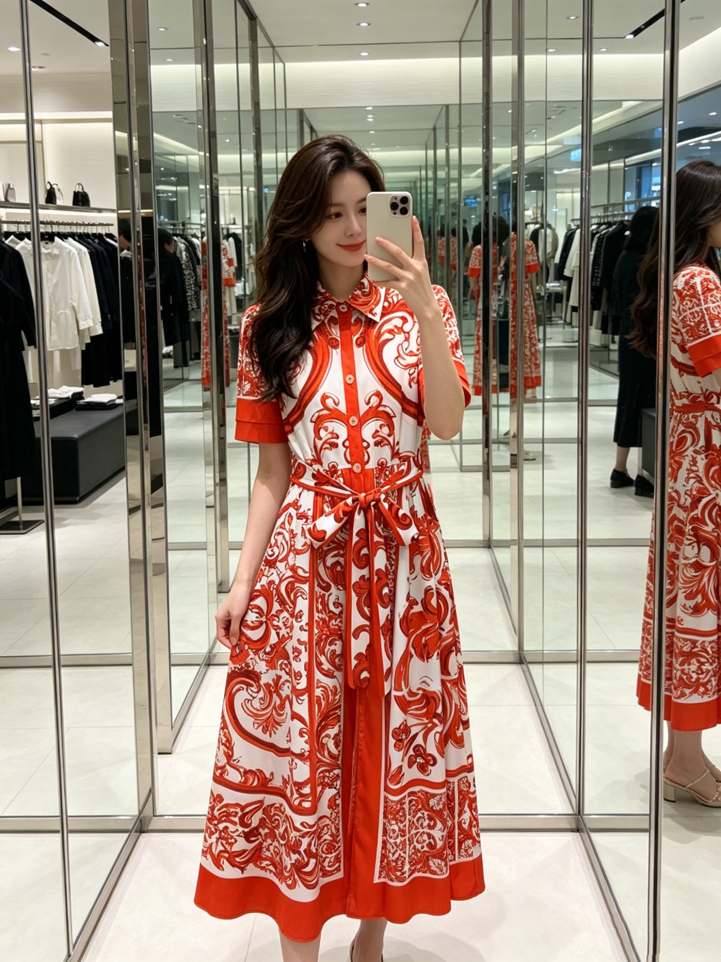 NO:883476,No. D61122 & Dolce & Gabbana DG* latest fashion retro red ceramic glaze pattern printed fabric, lapel single-row button placket short-sleeved high-waisted slim long dress with wide swing!  (M size shoulder width 36, bust 88, waist 76, sleeve length 26, skirt length 122), Dolce & Gabbana-clothing, Dolce&Gabbana, skirts, T-shirt,19860909号D61122 &杜嘉班纳DG*新时尚复古红色陶瓷釉花纹印花面料、翻领单排系扣门襟短袖高腰显瘦大摆长连衣裙！ （M码肩宽36,胸围88,腰围76,袖长26,裙长122）,杜嘉班纳-服装,Dolce&Gabbana,skirts,T-shirt,,Women's clothing
