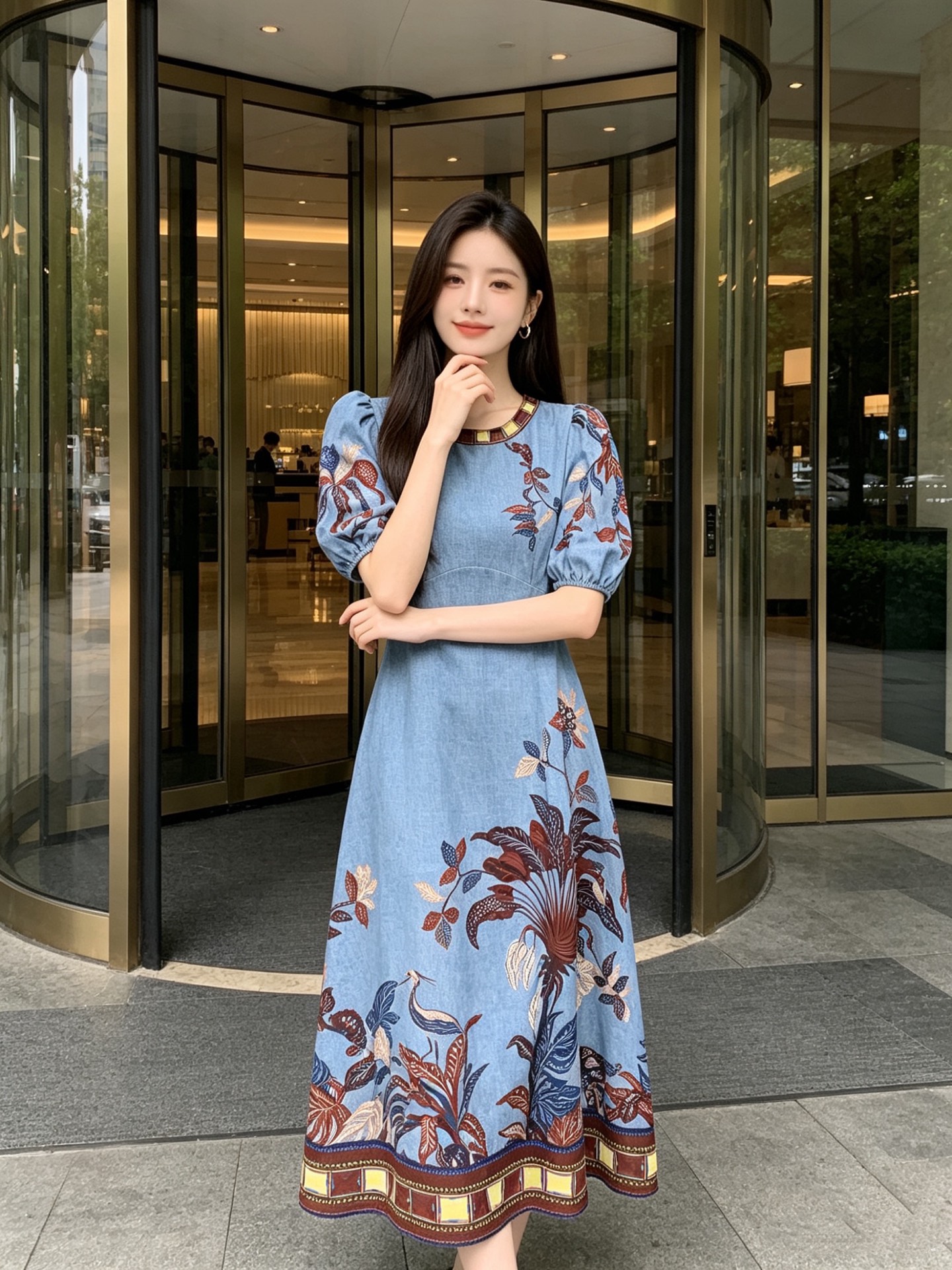 NO:883350,No. G26061176 ALMAI*S new ethnic style retro plant print contrasting edge waist slimming big skirt puff sleeve long dress!  Blue, (M size bust 90, waist 76, sleeve length 34, skirt length 129), women's clothing, skirts,19860909号G26061176 ALMAI*S新 民族风复古植物印花撞色边收腰显瘦大裙摆泡泡袖长连衣裙！蓝色、 （M码胸围90,腰围76,袖长34、裙长129）,女装,skirts,,Women's clothing