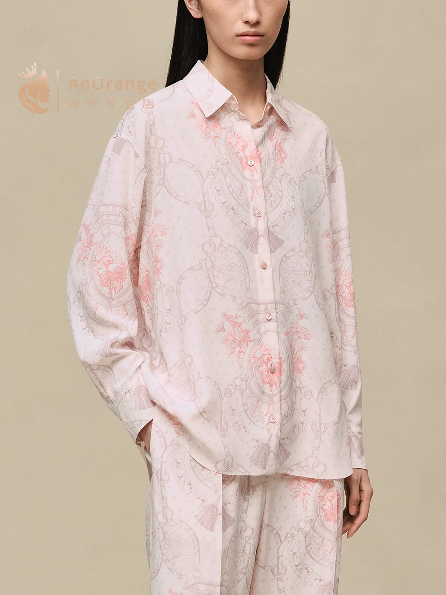 NO:886579,No. D26061348 HERM*S new rope loop pattern flower print temperament casual two-piece suit!  Buttoned placket, lapels, loose and fashionable long-sleeved shirts with elasticated back, loose wide-leg trousers!  (M size shoulder width 42, bust 100, sleeve length 56, front length 64/back center length 67; waist 64~76 back elastic, hip 90, pants length 101), Hermès - clothing, hermes, hermes,19860909号D26061348 HERM*S新 绳索环圈图案花朵印花气质休闲两件套装！系扣门襟翻领宽松时尚长袖衬衣后背橡筋松紧宽松阔腿长裤！（M码肩宽42,胸围100,袖长56,前衣长64/后中长67；腰围64～76后背弹力,臀围90,裤长101）,爱马仕-服装,hermes,hermes,,Women's clothing
