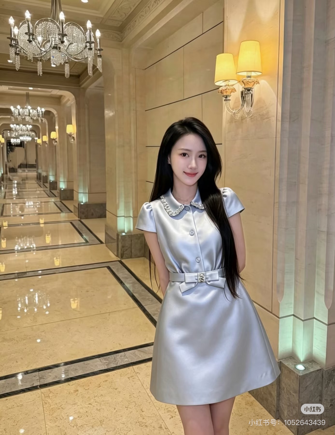 NO:886628,No. G26061689 JOYR*A Zhuoya’s new high version customized light silk wool fabric is crisp and stylish!  Goddess Zhao Lusitong ~ Semi-single-breasted bodice with front placket, perfect ladylike style, rhinestone-beaded lapel, sequined collar, three-dimensional bow belt, waist-cinching, slimming A-line skirt, short-sleeved dress!  Blue, apricot, (S size bust 84, waist 68, sleeve length 13, skirt length 87) This has no collar tag, women's clothing, skirts, T-shirt,19860909号G26061689 JOYR*A卓雅新高版本定制光感丝毛面料版型挺括有型！女神赵露思同～胸前门襟半单排扣上身绝佳气质名媛风范、翻领水钻钉珠亮片领腰部立体蝴蝶结腰带装饰收腰显瘦A字裙摆短袖连衣裙！蓝色、杏色、 （S码胸围84,腰围68,袖长13,裙长87）此无领标吊牌,女装,skirts,T-shirt,,Women's clothing