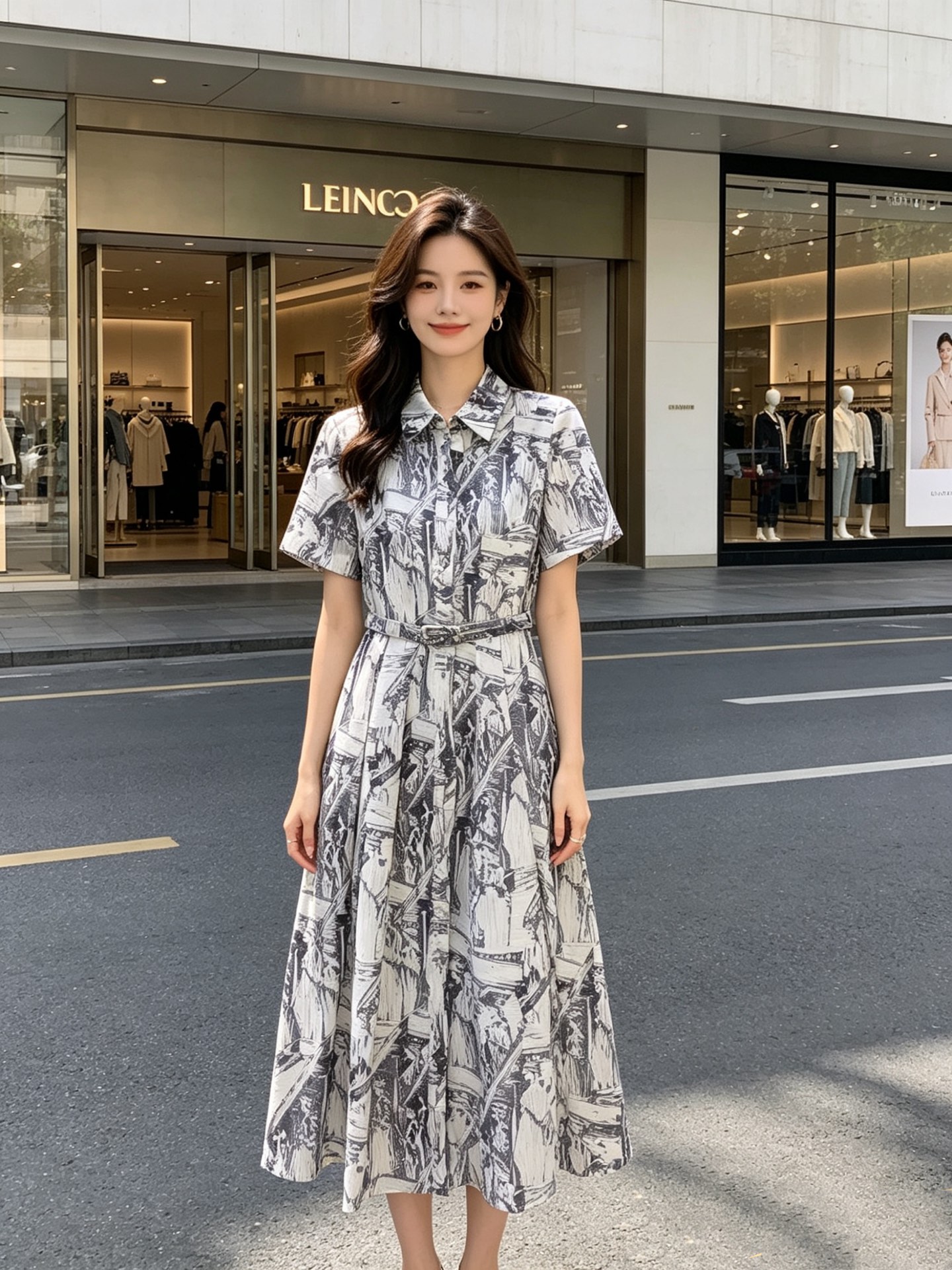 NO:888052,No. G26061780 Dio's latest high-end customized gray and blue ink painting portrait print pattern, single-breasted front pleated large skirt, slimming lapel short-sleeved dress with belt!  (Small size shoulder width 36, bust 84, waist 66, sleeve length 21, skirt length 114), Dior-clothing, dior, dior, skirts, T-shirt,19860909号G26061780 Dio*新高端定制灰蓝水墨画人像印花图案、单排扣前襟压褶大裙摆修身显瘦翻领短袖连衣裙配腰带！ （S码肩宽36,胸围84,腰围66,袖长21,裙长114）,迪奥-服装,dior,dior,skirts,T-shirt,,Women's clothing