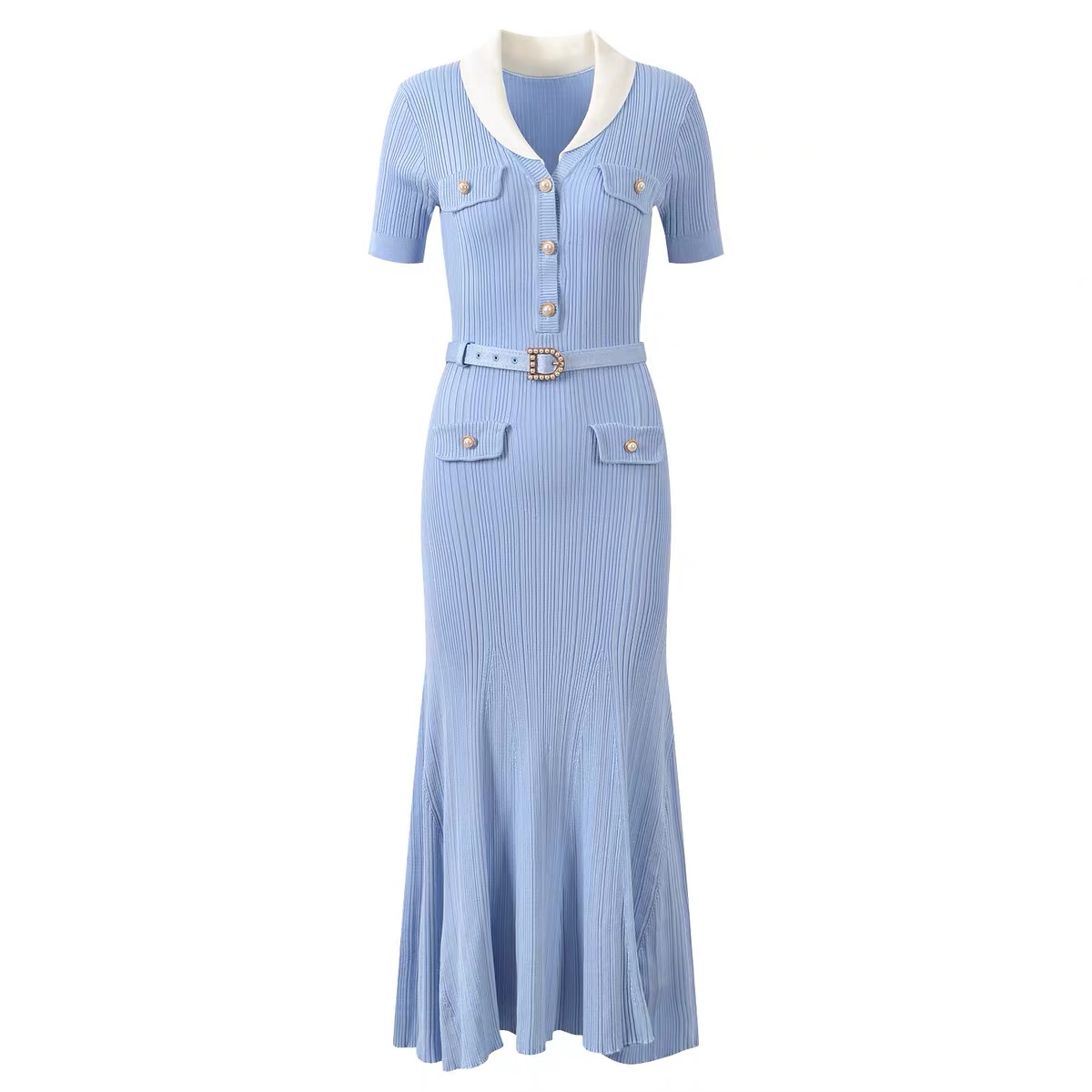 NO:892701,No. G26062422 Self-Portrai* 2026 new high-end customized SP home new, vertical pit stripe high-quality knitted fabric heavy industry pearl inlaid gold-rimmed buttons stitching contrasting ruffle collar half button placket slimming short-sleeved temperament dress fishtail skirt (with belt)!  Blue, (L size shoulder width 36, bust 68, waist 56, sleeve length 22, skirt length 126), women's clothing, skirts, T-shirt,19860909号G26062422 Self-Portrai*2026年新高端定制SP家新、竖条坑条纹优质针织面料重工珍珠镶嵌金边纽扣拼接撞色荷叶领半系扣门襟显瘦显瘦短袖气质连衣裙鱼尾裙（配腰带）！蓝色、 （L码肩宽36,胸围68,腰围56,袖长22,裙长126）,女装,skirts,T-shirt,,Women's clothing