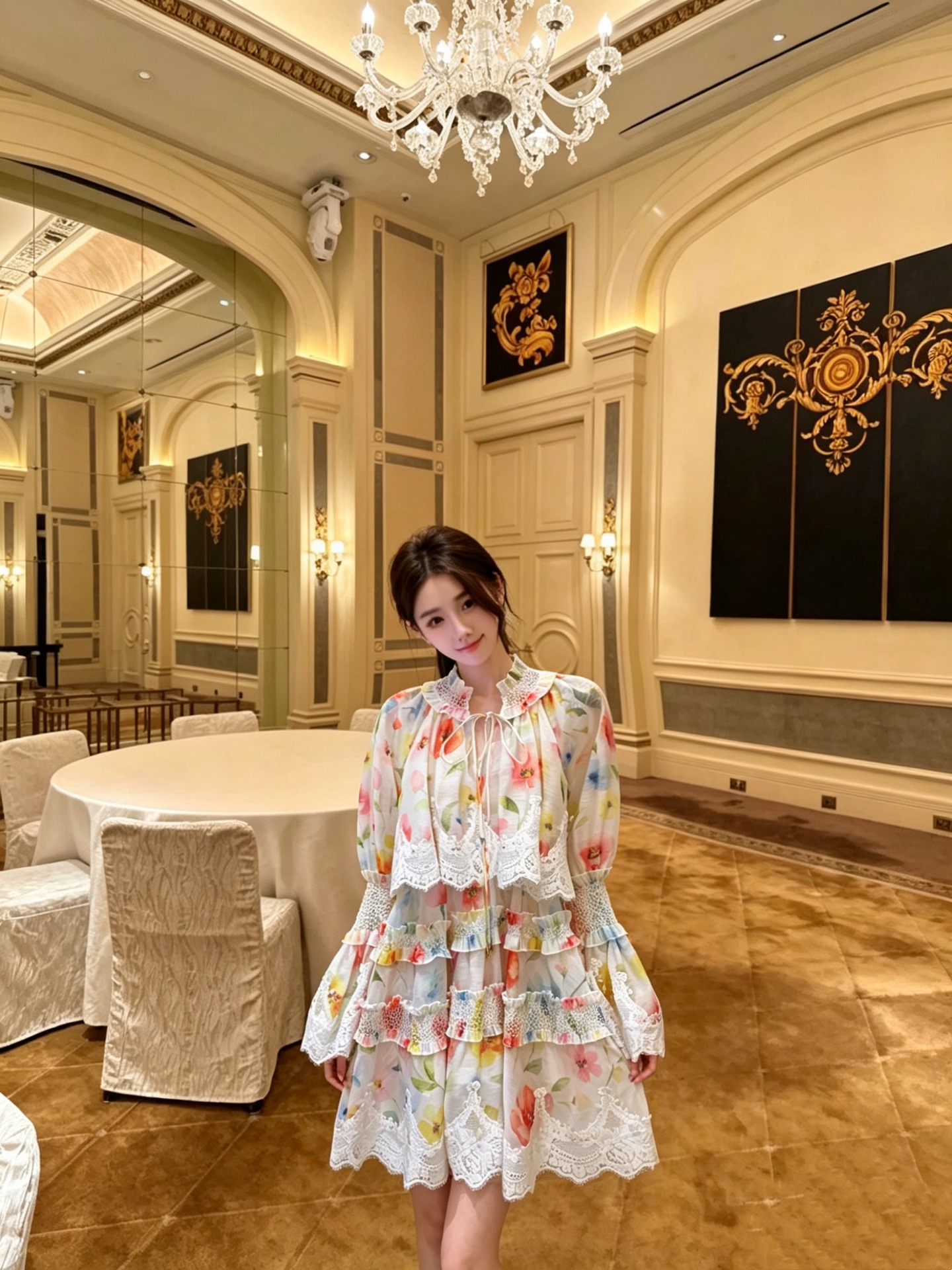 NO:892720,No. G26062538 ZIMMERMA*N Zimmerman’s new Australian brand star Tian Xiwei wears a high-end customized heavy-duty lace spliced ​​ruffled layered skirt, contrasting color blooming floral print elastic bell sleeves and loose long-sleeved dress!  Blue, white, 1.2.3.4/SMLXL (size 2 bust 88, waist 66-96 elastic, raglan sleeve length 85, skirt length 95), Zimmerman-clothing, skirts,19860909号G26062538 ZIMMERMA*N兹默曼新澳洲品牌明星田曦薇同高端定制重工蕾丝拼接荷叶边层层叠裙摆、撞色晕染花卉印花松紧打揽喇叭袖宽松长袖连衣裙！蓝色、白色、1.2.3.4/SMLXL（2码胸围88,腰围66～96弹力,连肩袖长85,裙长95）,兹默曼-服装,skirts,,Women's clothing
