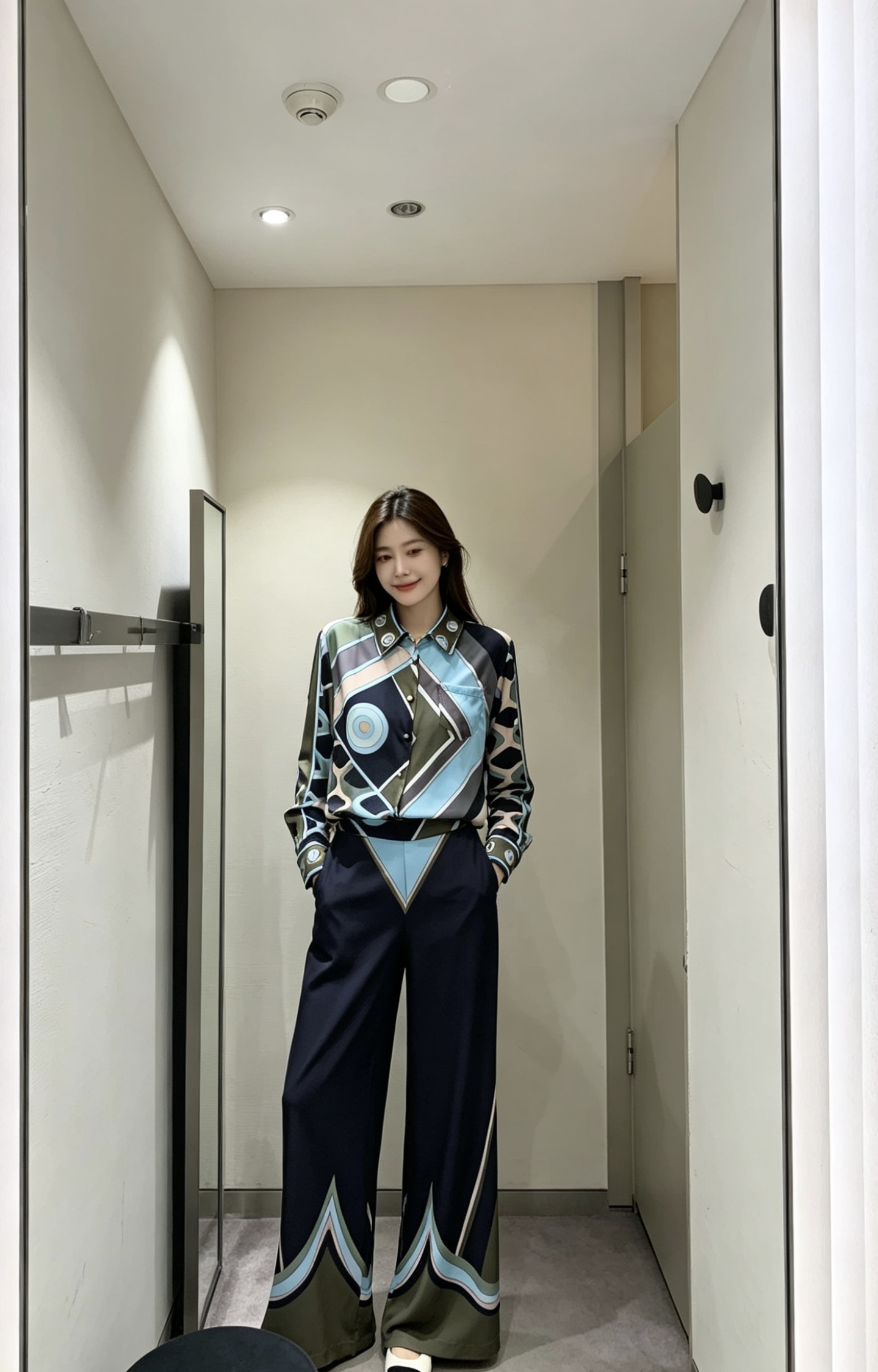 NO:893446,Top and pants model number D26062598 PUCC* new custom-made simulated silk twill thick fabric geometric pattern circle abstract printing fashion two-piece suit!  Loose style button placket lapel long sleeve shirt high waist side zipper loose wide leg trousers!  (M size shoulder width 38, chest, sleeve length 59, clothing length 67; waist 66, hips 94, pants length 106),,real silk,19860909上衣、裤子款号D26062598 PUCC*新款定制仿真丝斜纹稠面料几何图形盘圈抽象印花时尚两件套装！宽松气质系扣门襟翻领长袖衬衣高腰侧拉链宽松阔腿裤长裤！ （M码肩宽38,胸围,袖长59,衣长67；腰围66,臀围94,裤长106）,,real silk,,Women's clothing