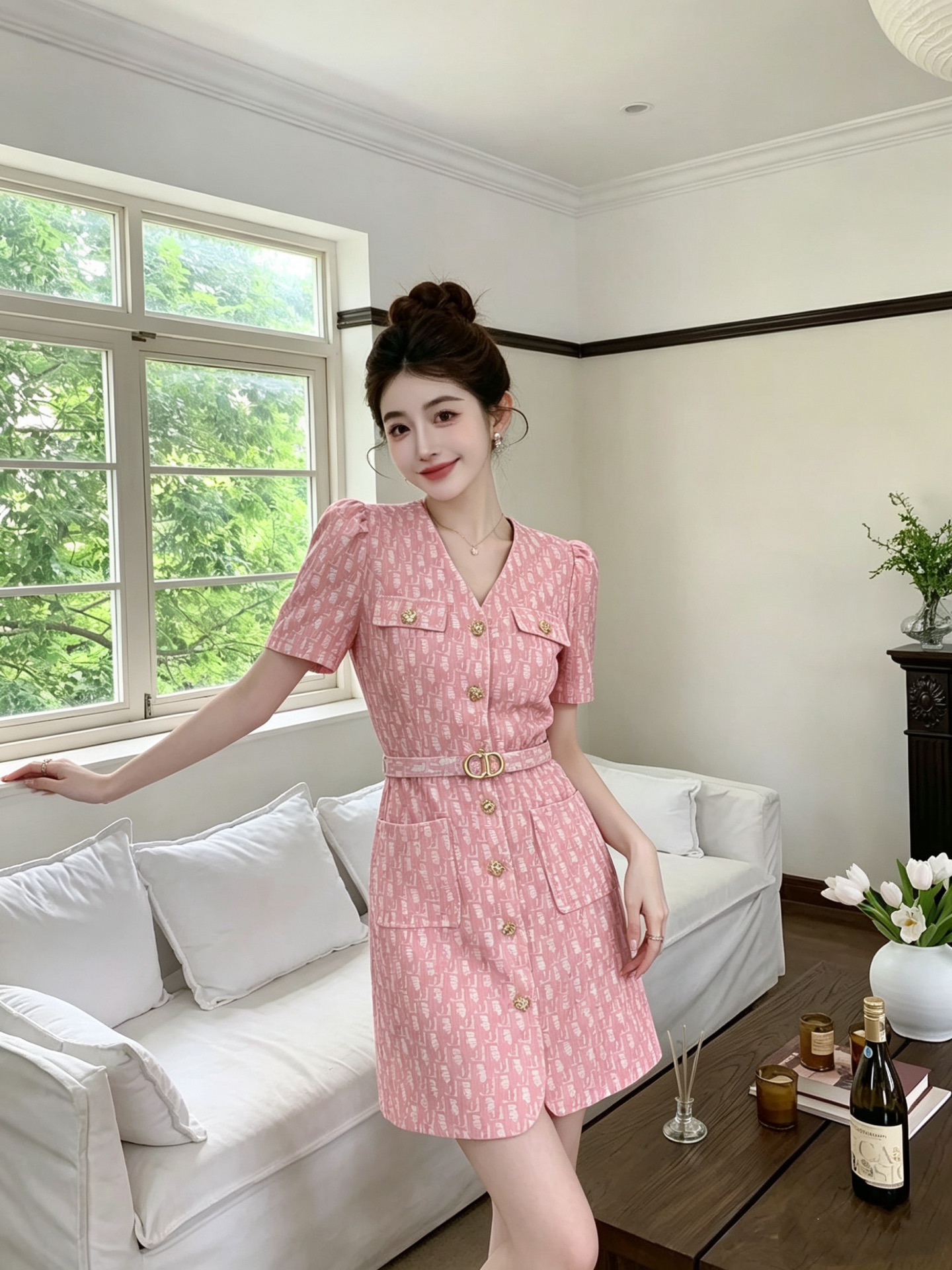 NO:899972,Style No. G26062988 Dio*’s new high-end customized high-quality jacquard fabric, rich lady style all-over logo printed symmetrical pockets, single-breasted splicing, short-sleeved V-neck A-line dress belt!  Brown, pink, (S size bust 82, waist 70, sleeve length 22, skirt length 90), Dior-clothing, dior, dior, skirts, T-shirt,19860909款号G26062988 Dio*新款高端定制优质提花面料名媛千金风范满身Logo印花对称口袋单排扣拼接短袖V领A字连衣裙腰带！咖色、粉色、 （S码胸围82,腰围70,袖长22,裙长90）,迪奥-服装,dior,dior,skirts,T-shirt,,Women's clothing