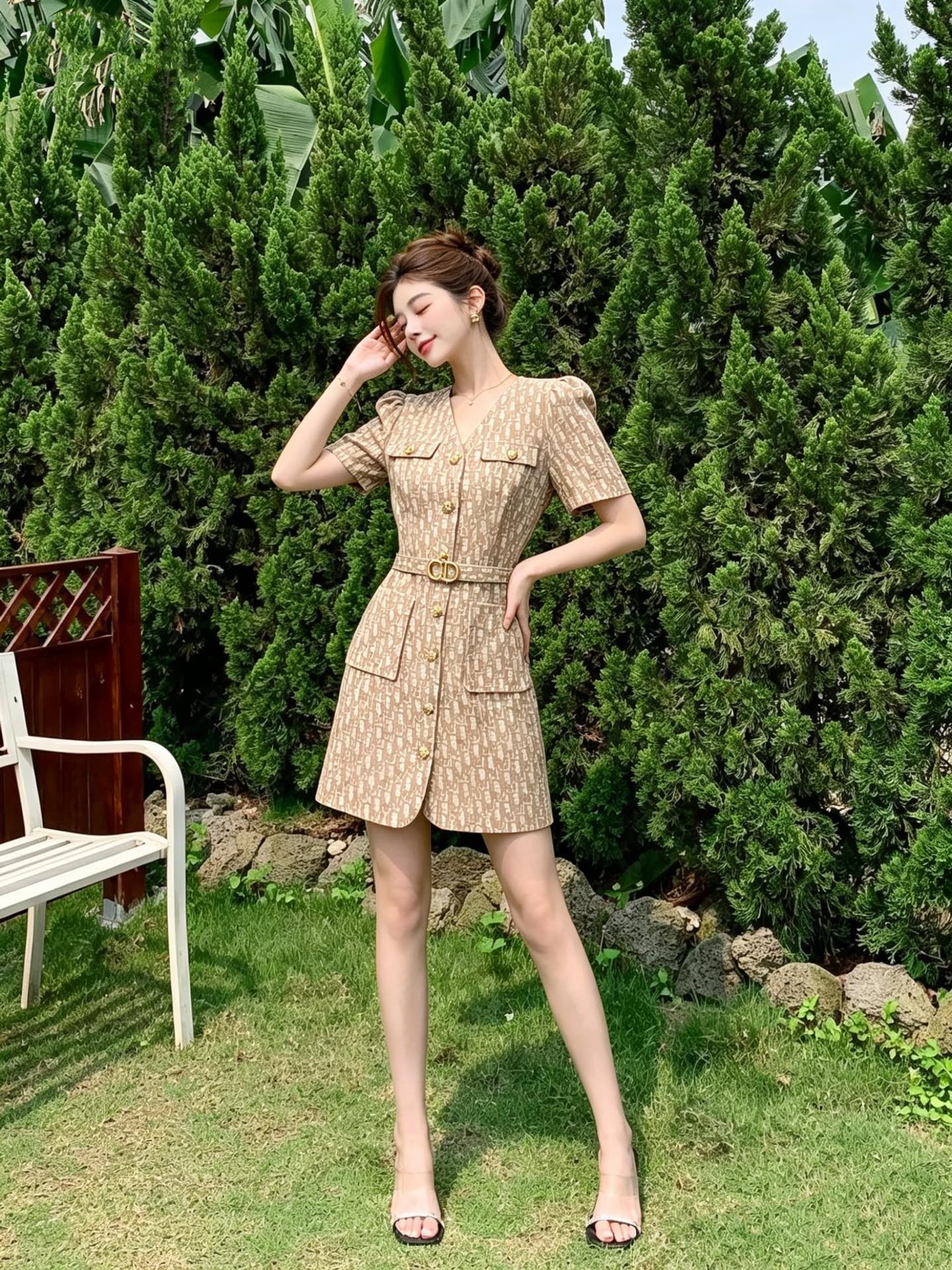 NO:899981,Style No. G26062988 Dio*’s new high-end customized high-quality jacquard fabric, rich lady style all-over logo printed symmetrical pockets, single-breasted splicing, short-sleeved V-neck A-line dress belt!  Brown, pink, (S size bust 82, waist 70, sleeve length 22, skirt length 90), Dior-clothing, dior, dior, skirts, T-shirt,19860909款号G26062988 Dio*新款高端定制优质提花面料名媛千金风范满身Logo印花对称口袋单排扣拼接短袖V领A字连衣裙腰带！咖色、粉色、  （S码胸围82,腰围70,袖长22,裙长90）,迪奥-服装,dior,dior,skirts,T-shirt,,Women's clothing