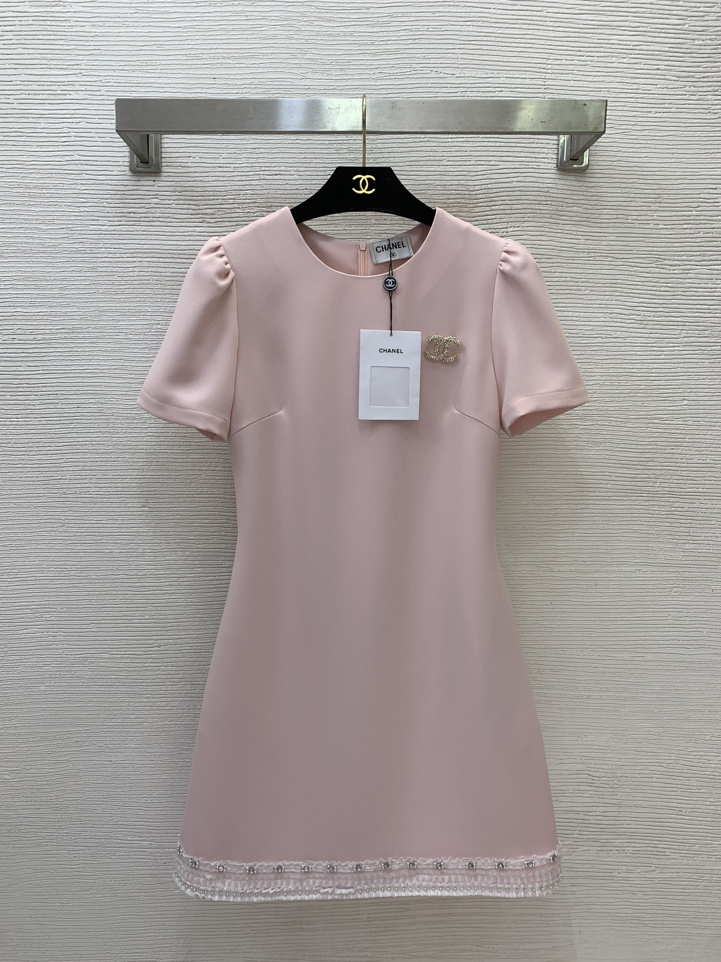Chanel Short Sleeve Hem Rhinestone Lace Mini Dress