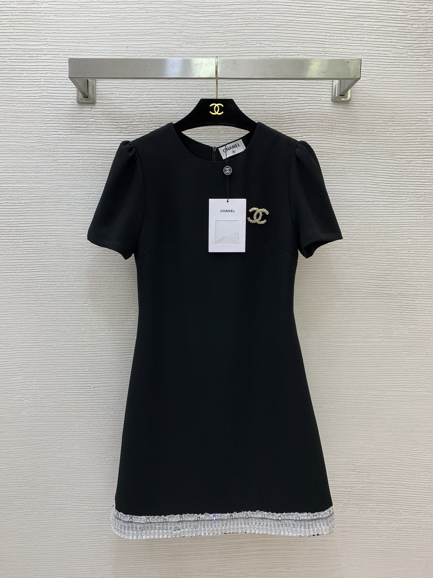 Chanel Short Sleeve Hem Rhinestone Lace Mini Dress