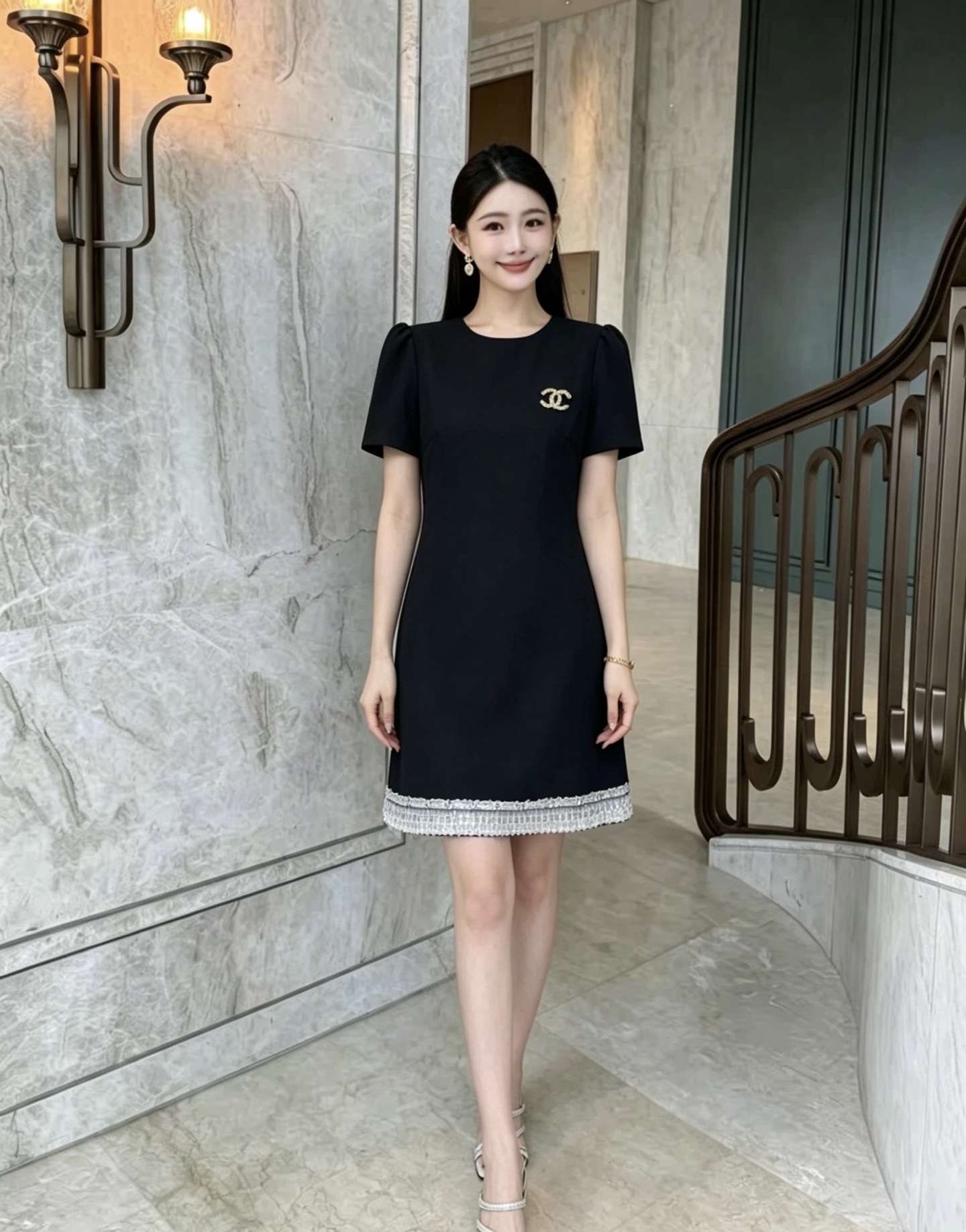 NO:900149,Model No. G26070658 CHANE*L new high-end customized hem heavy-duty lace lace diamond beading craftsmanship round neck short sleeves pinch pleats waist slimming sweet age-reducing fashion A-line dress with free brooch!  Black, pink, (S size bust 84, sleeve length 21, skirt length 88), women's clothing, chanel, skirts, T-shirt, brooch, breastpin,19860909款号G26070658 CHANE*L新款高端定制下摆重工蕾丝花边镶钻钉珠工艺圆领短袖捏褶收腰显瘦甜美减龄时尚A字连衣裙赠送胸针！黑色、粉色、 （S码胸围84,袖长21,裙长88）,女装,chanel,skirts,T-shirt,brooch，breastpin,,Women's clothing