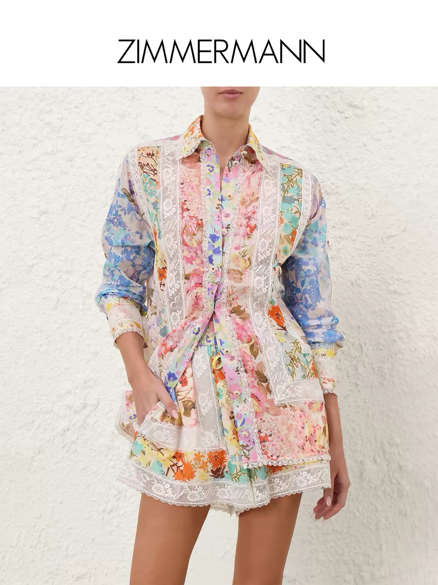 NO:899990,Model No. G26070468 ZIMMERMA*N Australian brand high-end customized linen and cotton blended fabrics, colorful flower lace binding splicing, spring-filled small yellow flowers, single-row buttons, lapel, long sleeves, loose long-sleeved shirt, drawstring, elastic waist, loose wide-leg shorts, two-piece suit!  1.2.3.4/SMLXL (size 2, shoulder width 51, bust 122, sleeve length 56, dress length 73; waist 68~96 elastic, pants length 41 including lace), Zimmerman-clothing, shorts,19860909款号G26070468 ZIMMERMA*N兹默曼澳洲品牌高端定制亚麻棉混纺面料、彩色花朵蕾丝包边拼接春意盎然小黄花单排纽扣翻领长袖宽松长袖衬衣抽绳松紧腰宽松阔腿短裤两件套装！1.2.3.4/SMLXL（2码肩宽51,胸围122,袖长56,衣长73；腰围68～96松紧弹力,裤长41含蕾丝）,兹默曼-服装,shorts,,Women's clothing