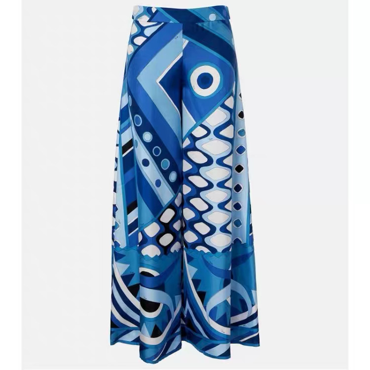 NO:922463,Model No. D26070702 PUCC* new model, custom-made simulated silk twill satin fabric, bohemian holiday style circle geometric pattern contrasting print, pockets, high waist, slimming, loose wide-leg straight trousers!  Blue, pink, (L size waist 78, hip 102, trouser length 109) pants, women's clothing, real silk, silk fabric,19860909款号D26070702 PUCC*新款 定制仿真丝斜纹绸缎面料、波西米亚度假风圆圈几何图案撞色印花、插兜高腰显瘦宽松阔腿直筒裤长裤！蓝色、粉色、（L码腰围78,臀围102,裤长109）裤子,女装,real silk,silk fabric,,Women's clothing