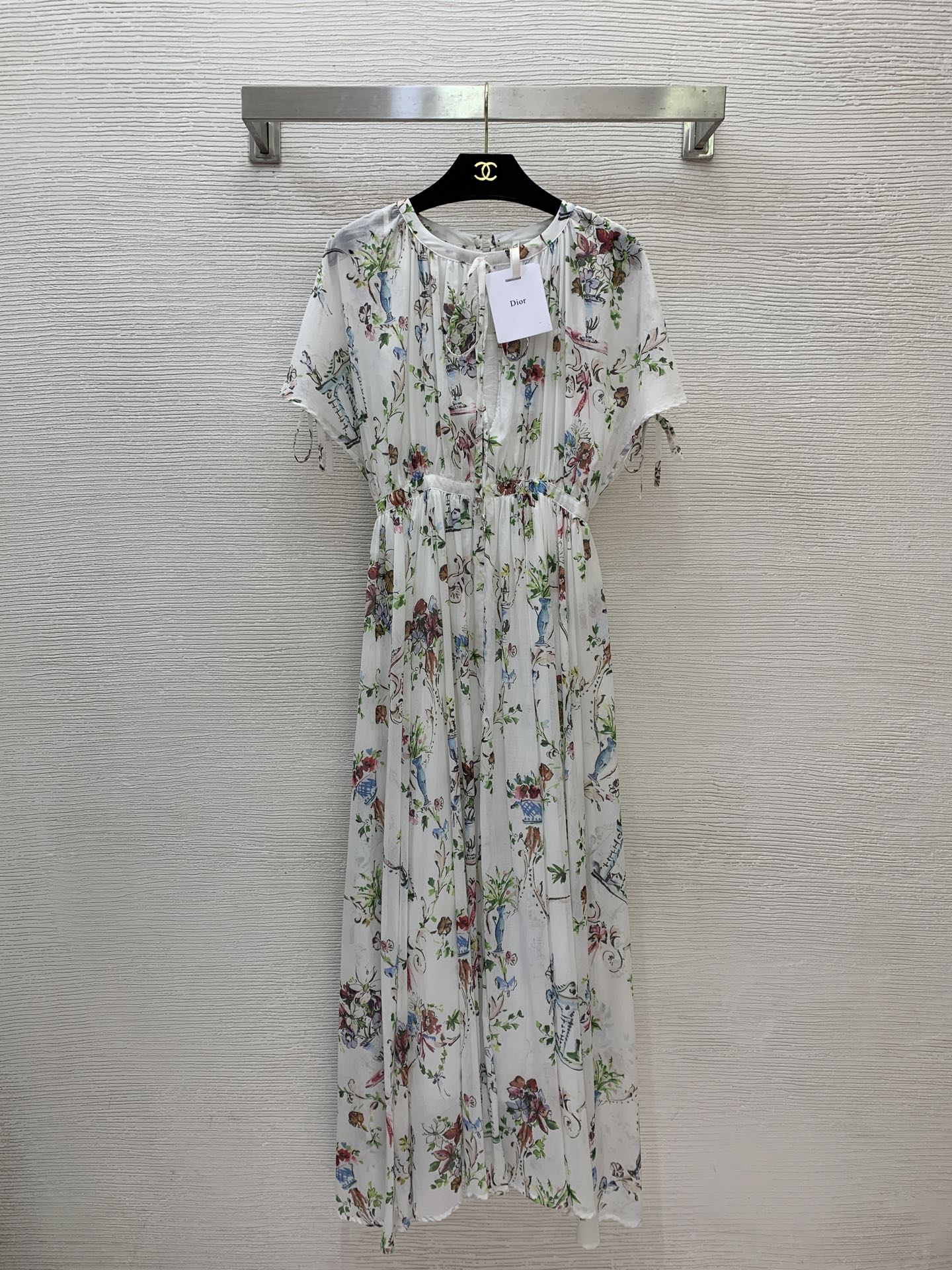 Dior Floral Print Chiffon Waist Tie Midi Dress